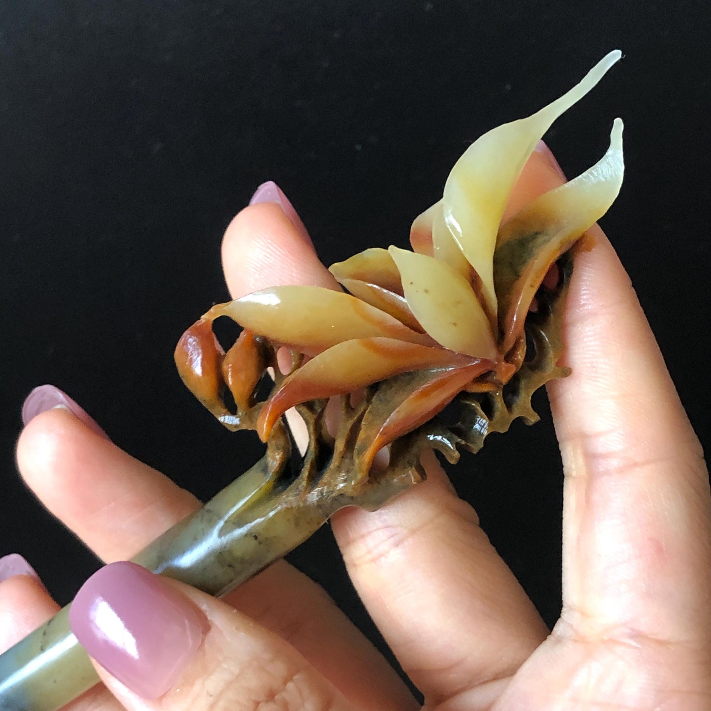 Certified Natural Xiu Jade Serpentine Hand Carved Yulan Flower Hair Pin | Yellow Brown Green Jade Hair Stick | Asian Hair Fork Vintage Gift for her hand engraved green jade carving hand carved yellow jade brown jade korean hairpins japanese hair stick hanfu hair pins chinese hair fork vinatge hair comb bridal shower hair clip hair jewelry natural untreated jade with certificate