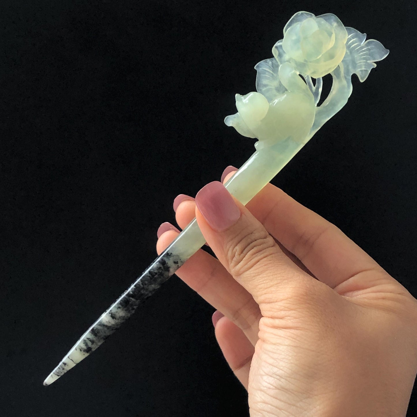 Certified Natural Xiu Jade Serpentine Hand Carved Hair Pin | Cat & Rose | Green Jade Hair Stick | Asian Chinese Vintage Hairpin Gift for her hand engraved green jade carving hand carved cat hairpin cat carving hand engraved rose hair stick chinese jade hair comb hanfu hair fork korean hairpins japanese hair clip cat lover gift vintage hair stick natural untreated jade with certificate