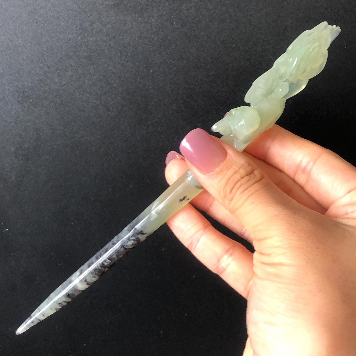 Certified Natural Xiu Jade Serpentine Hand Carved Hair Pin | Cat & Rose | Green Jade Hair Stick | Asian Chinese Vintage Hairpin Gift for her hand engraved green jade carving hand carved cat hairpin cat carving hand engraved rose hair stick chinese jade hair comb hanfu hair fork korean hairpins japanese hair clip cat lover gift vintage hair stick natural untreated jade with certificate
