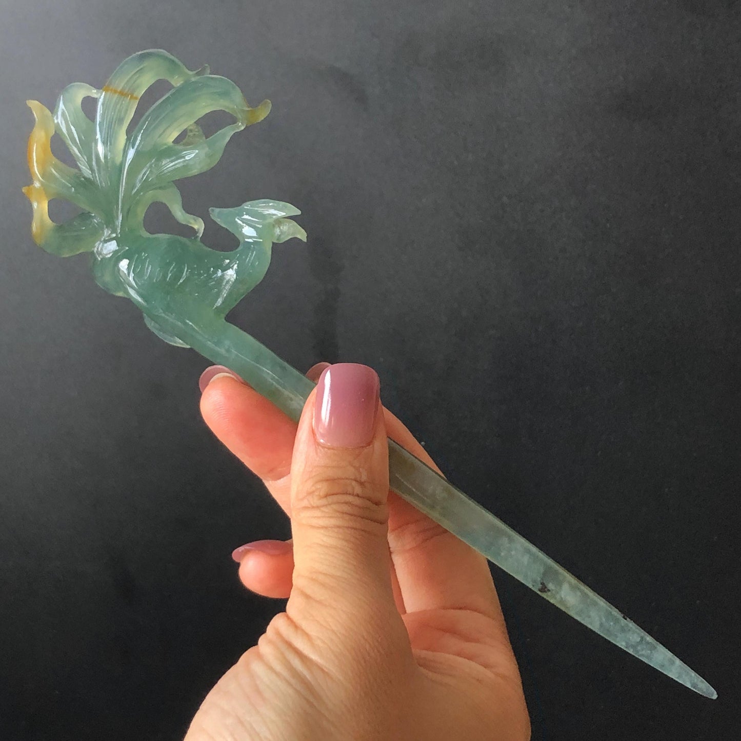 Certificate Natural Xiu Jade Serpentine Hand Carved Nine tailed fox Hair Pin | Icy Greenish Blue Yellow Jade Hair Stick | Asian Chinese Jade hair comb japanese hairpins koran hair stick hanfu hair pin hair comb hair fork antique hair stick certified jade carving hand carved fox carving green jade blue jade yellow jade hand engraved jade gift for her bridal shower hair clip wedding hair jewelry