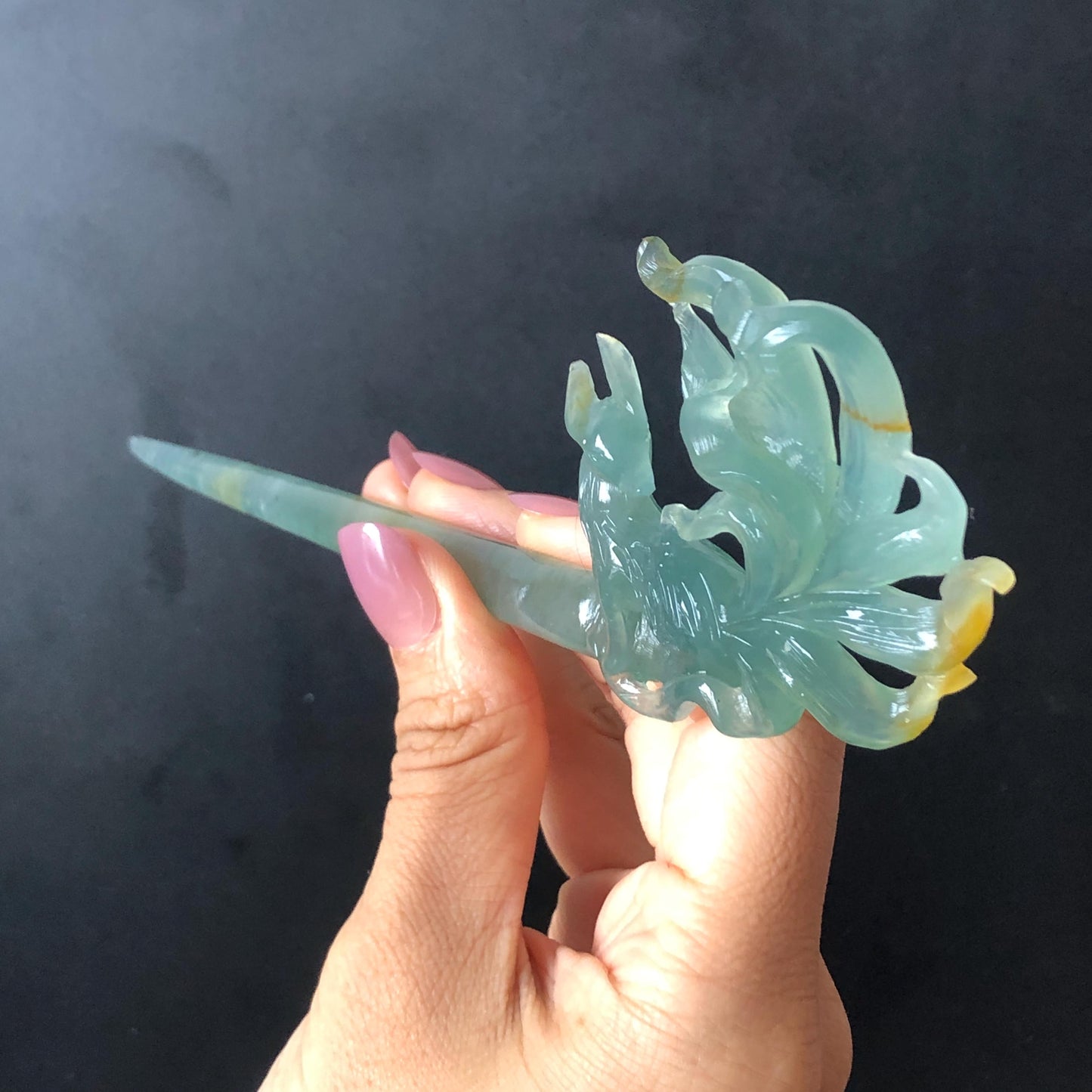 Certificate Natural Xiu Jade Serpentine Hand Carved Nine tailed fox Hair Pin | Icy Greenish Blue Yellow Jade Hair Stick | Asian Chinese Jade hair comb japanese hairpins koran hair stick hanfu hair pin hair comb hair fork antique hair stick certified jade carving hand carved fox carving green jade blue jade yellow jade hand engraved jade gift for her bridal shower hair clip wedding hair jewelry