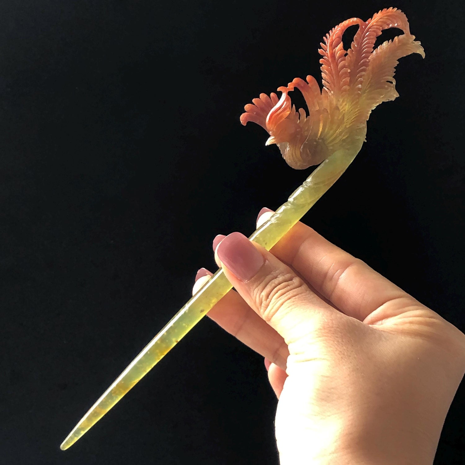 Certified Natural Xiu Jade (Serpentine) Hand Carved Red Fire Phoenix Hair Pin | Yellow Red Jade Hair Stick | Asian Chinese Vintage Hairpins gift for her hand carved phoenix carving hand engraved phoenix hair stick phoenix carving red phoenix fire phoenix hair fork red jade yellow jade chinese jade with certificate rebirth transformation gift korean hair pin japanese hair stick hair fork hair comb hanfu hair stick