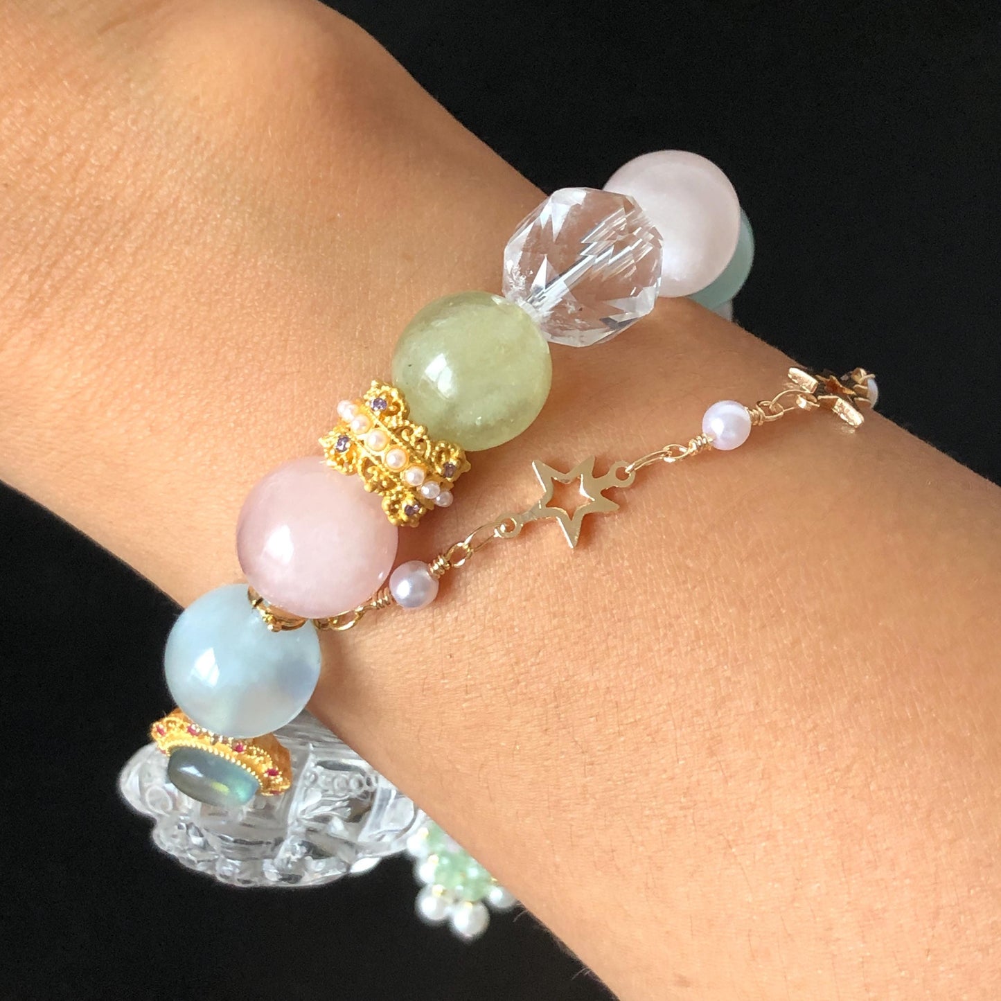 Rainbow Clear Quartz Carved Nine-tailed Fox Pendant Charm with Morganite Crystal Bead Elastic Stretch Bracelet | Removable Chain & Spinel Tassel | Wisdom & Enlightenment rainbow quartz charm hand engraved fox charm hand carved fox pendant nine tail fox bracelet clear quartz bracelet pink crystal blue crystal green crystal Morganite bracelet chakra crystal birthstone bracelet healing stone love stone personalised bracelet diy bead bracelet gold-plated charm