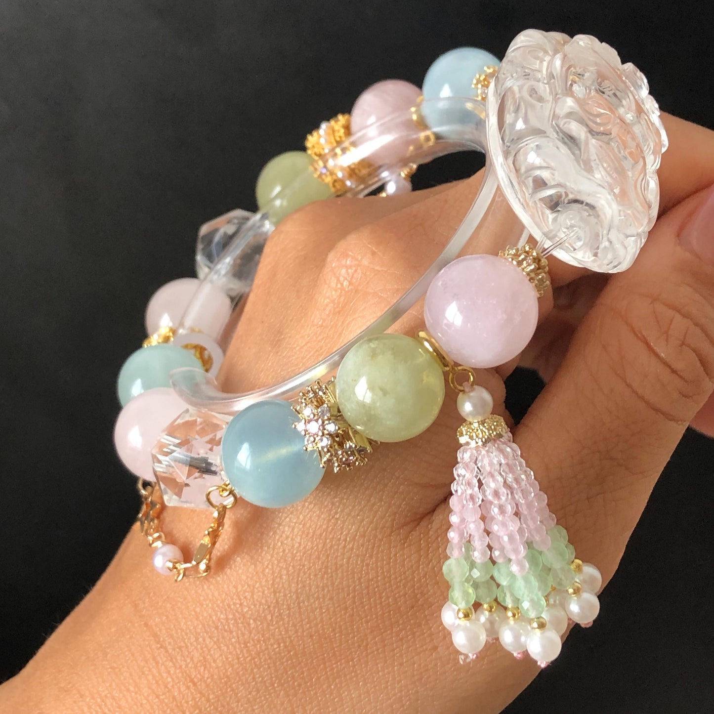 Rainbow Clear Quartz Carved Nine-tailed Fox Pendant Charm with Morganite Crystal Bead Elastic Stretch Bracelet | Removable Chain & Spinel Tassel | Wisdom & Enlightenment rainbow quartz charm hand engraved fox charm hand carved fox pendant nine tail fox bracelet clear quartz bracelet pink crystal blue crystal green crystal Morganite bracelet chakra crystal birthstone bracelet healing stone love stone personalised bracelet diy bead bracelet gold-plated charm