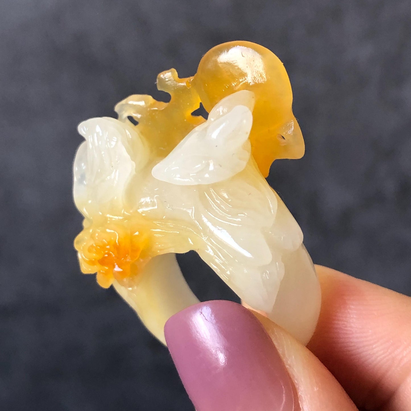 Natural Xiu Jade Serpentine Hand-Carved Nine-tailed Fox Statement Ring 17.7mm (US 7.5) | Yellow & White Jade | 3D Fox Carving Gemstone Ring gift for her yellow jade carving white jade nine tail fox carving hand engraved statement ring peony carving hand carved flower carving moon carving moon ring natural untreated jade