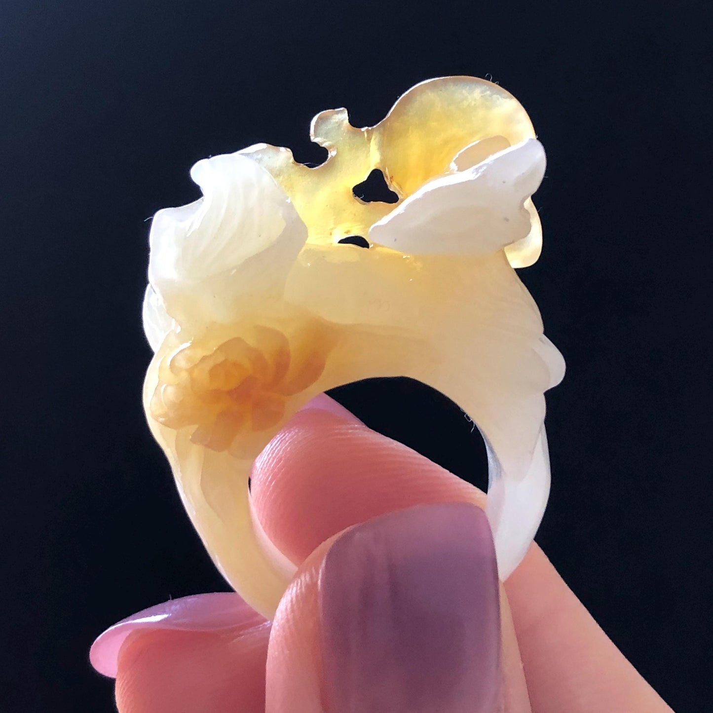 Natural Xiu Jade Serpentine Hand-Carved Nine-tailed Fox Statement Ring 17.7mm (US 7.5) | Yellow & White Jade | 3D Fox Carving Gemstone Ring gift for her yellow jade carving white jade nine tail fox carving hand engraved statement ring peony carving hand carved flower carving moon carving moon ring natural untreated jade