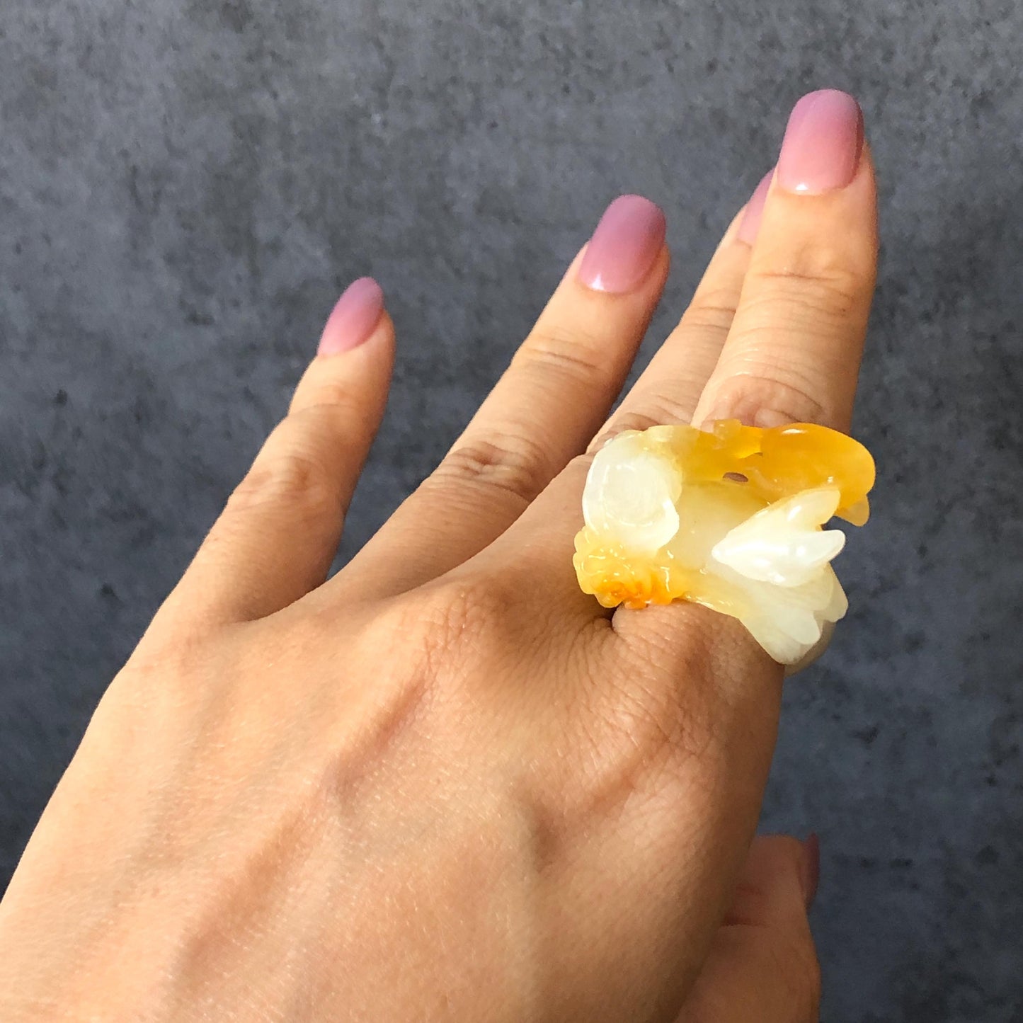 Natural Xiu Jade Serpentine Hand-Carved Nine-tailed Fox Statement Ring 17.7mm (US 7.5) | Yellow & White Jade | 3D Fox Carving Gemstone Ring