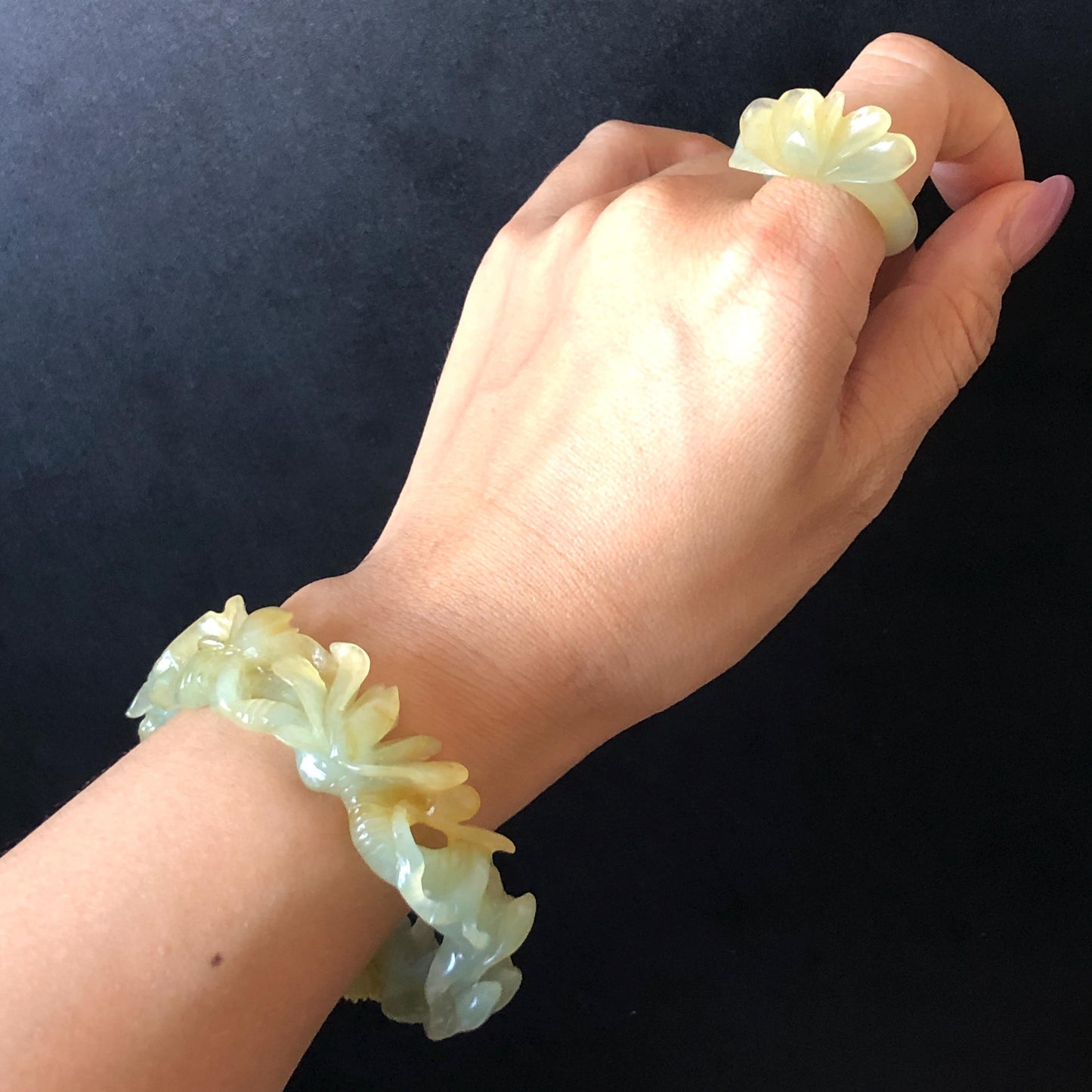 50mm-64mm! Customised Size Natural Xiu Jade Serpentine Hand-Carved Yulan flowers Bangle & Ring Set | Yellow Green Jade Personalized Bracelet Gift for her tailor made bangle jade carving yulan carving hand engraved flower bangle flower carving green jade yellow jade 3D carving hollow out carving certified natural jade untreated jade with certificate custom-made jade bracelet big size bangle huge size bangle small size bracelet