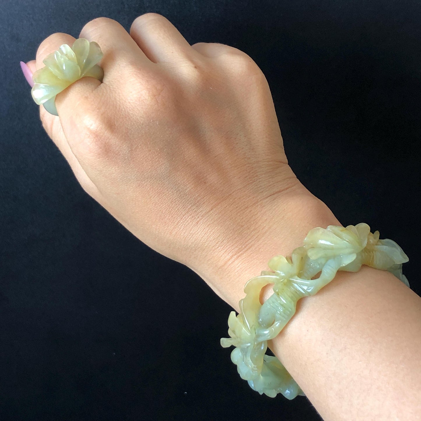50mm-64mm! Customised Size Natural Xiu Jade Serpentine Hand-Carved Yulan flowers Bangle & Ring Set | Yellow Green Jade Personalized Bracelet Gift for her tailor made bangle jade carving yulan carving hand engraved flower bangle flower carving green jade yellow jade 3D carving hollow out carving certified natural jade untreated jade with certificate custom-made jade bracelet big size bangle huge size bangle small size bracelet