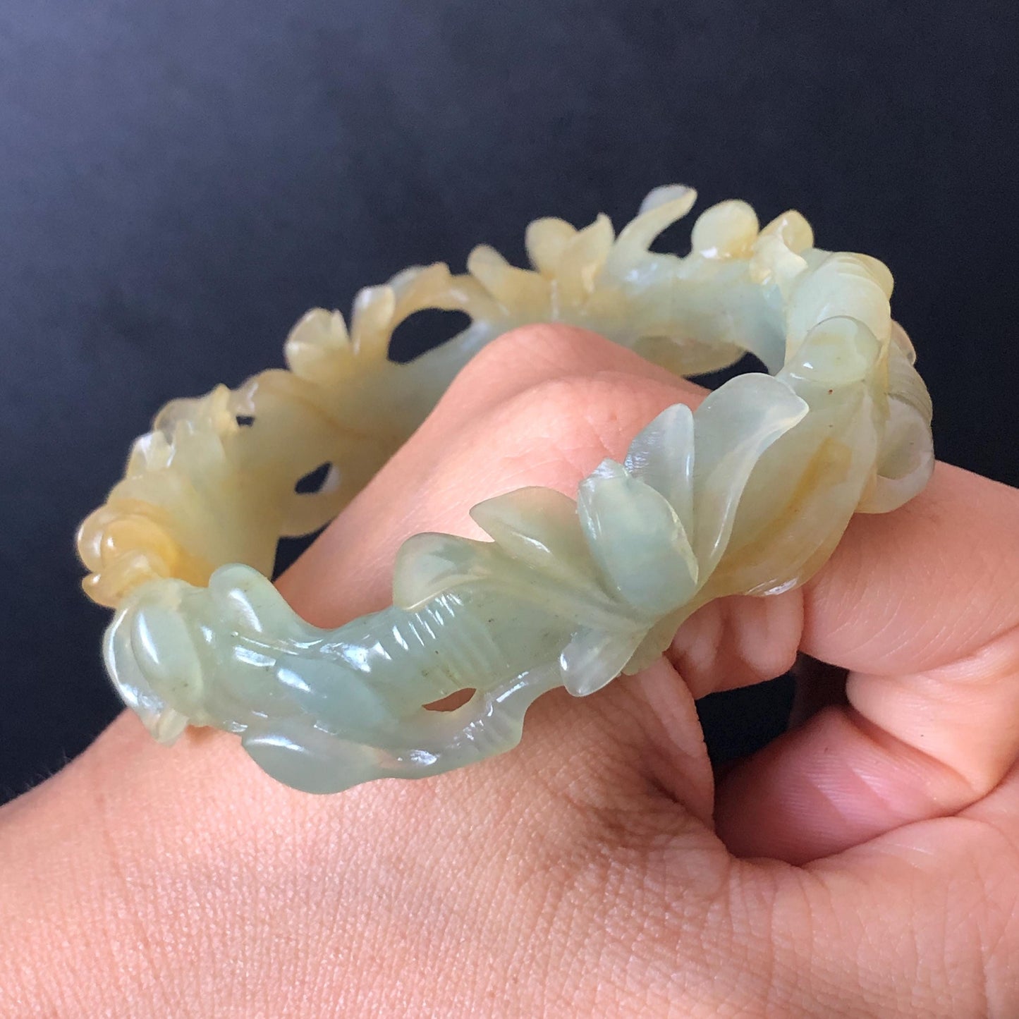 50mm-64mm! Customised Size Natural Xiu Jade Serpentine Hand-Carved Yulan flowers Bangle & Ring Set | Yellow Green Jade Personalized Bracelet Gift for her tailor made bangle jade carving yulan carving hand engraved flower bangle flower carving green jade yellow jade 3D carving hollow out carving certified natural jade untreated jade with certificate custom-made jade bracelet big size bangle huge size bangle small size bracelet