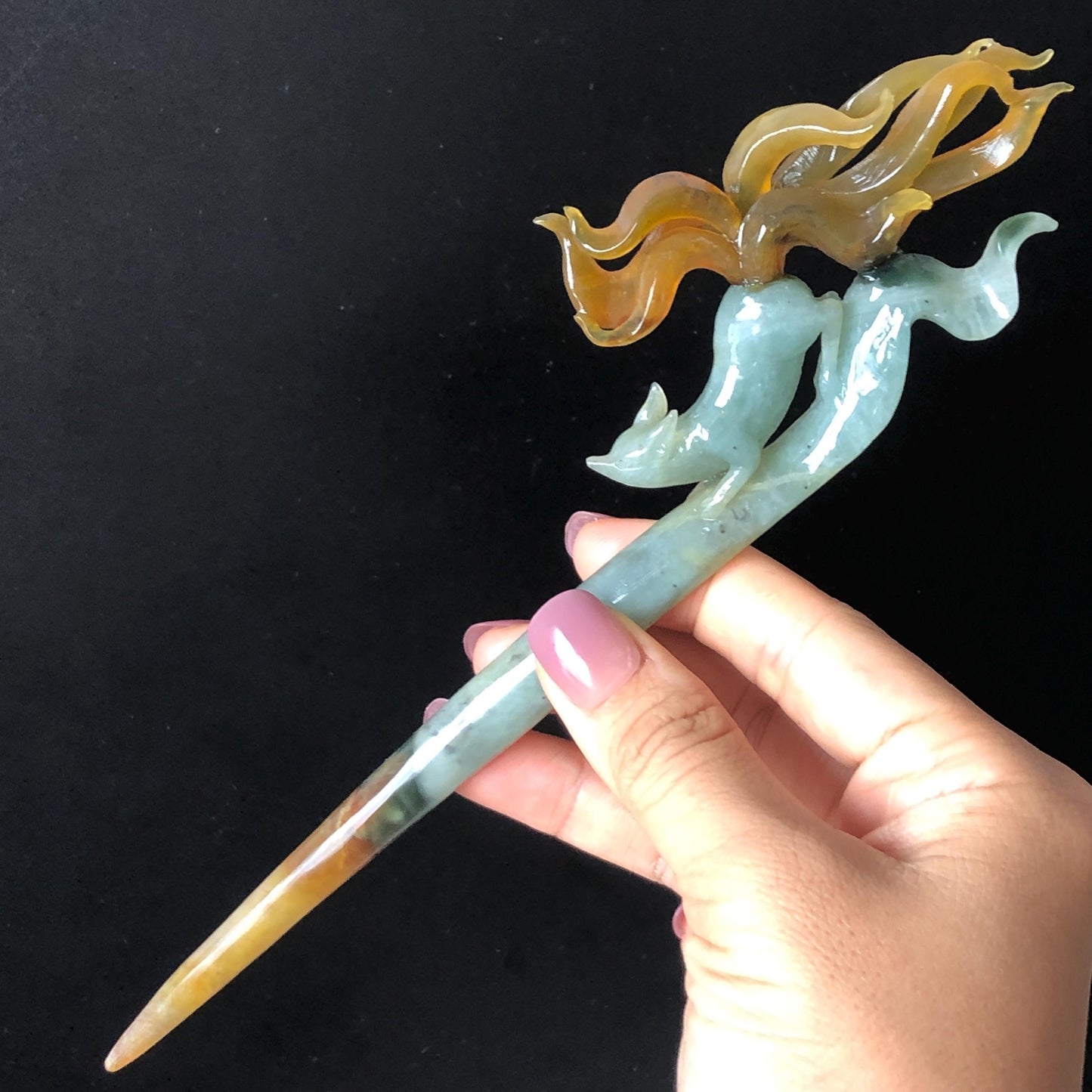 Certified Natural Xiu Jade Serpentine Hand Carved Bi-color Nine Tailed Fox Hair Pin | Greenish Blue & Caramel Brown Jade Vintage Hair Stick Gift for her brown jade blue jade carving green jade chinese hair fork japanese hair clip korean hairpin hanfu hair pins nine tailed fox carving hand engraved fox wedding hair accessories bridal headpiece bridal shower gift antique hair comb