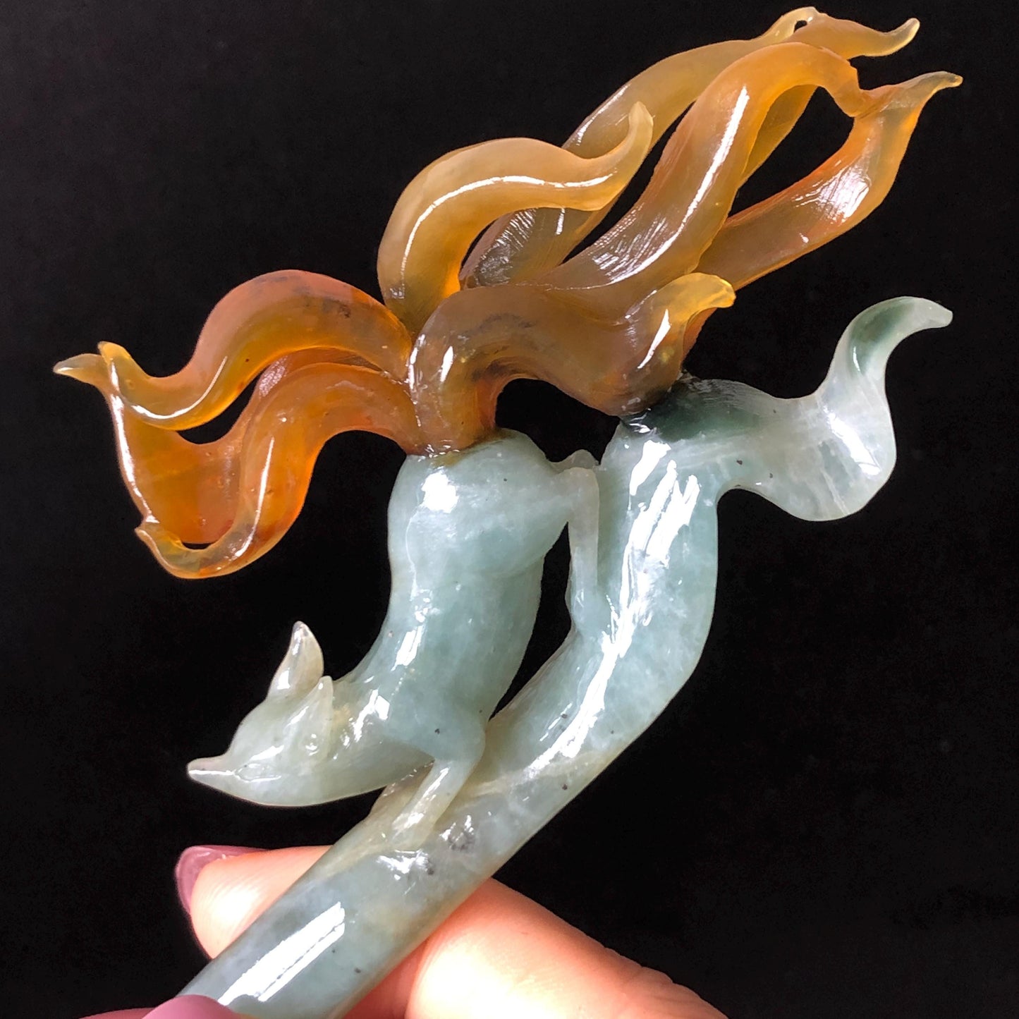 Certified Natural Xiu Jade Serpentine Hand Carved Bi-color Nine Tailed Fox Hair Pin | Greenish Blue & Caramel Brown Jade Vintage Hair Stick Gift for her brown jade blue jade carving green jade chinese hair fork japanese hair clip korean hairpin hanfu hair pins nine tailed fox carving hand engraved fox wedding hair accessories bridal headpiece bridal shower gift antique hair comb