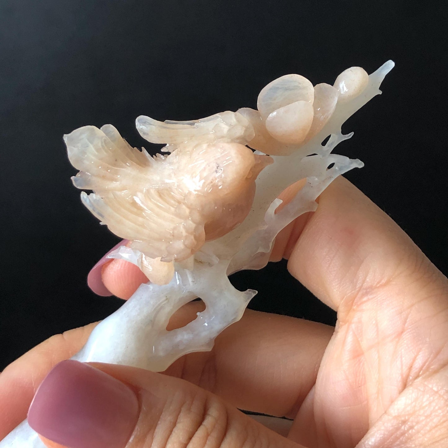 Certified Natural Serpentine Jade Hand Carved Bird with Flowers Hair Pin | White & Coral Pink Jade Hair Stick | Asian Vintage Hair Fork Gift