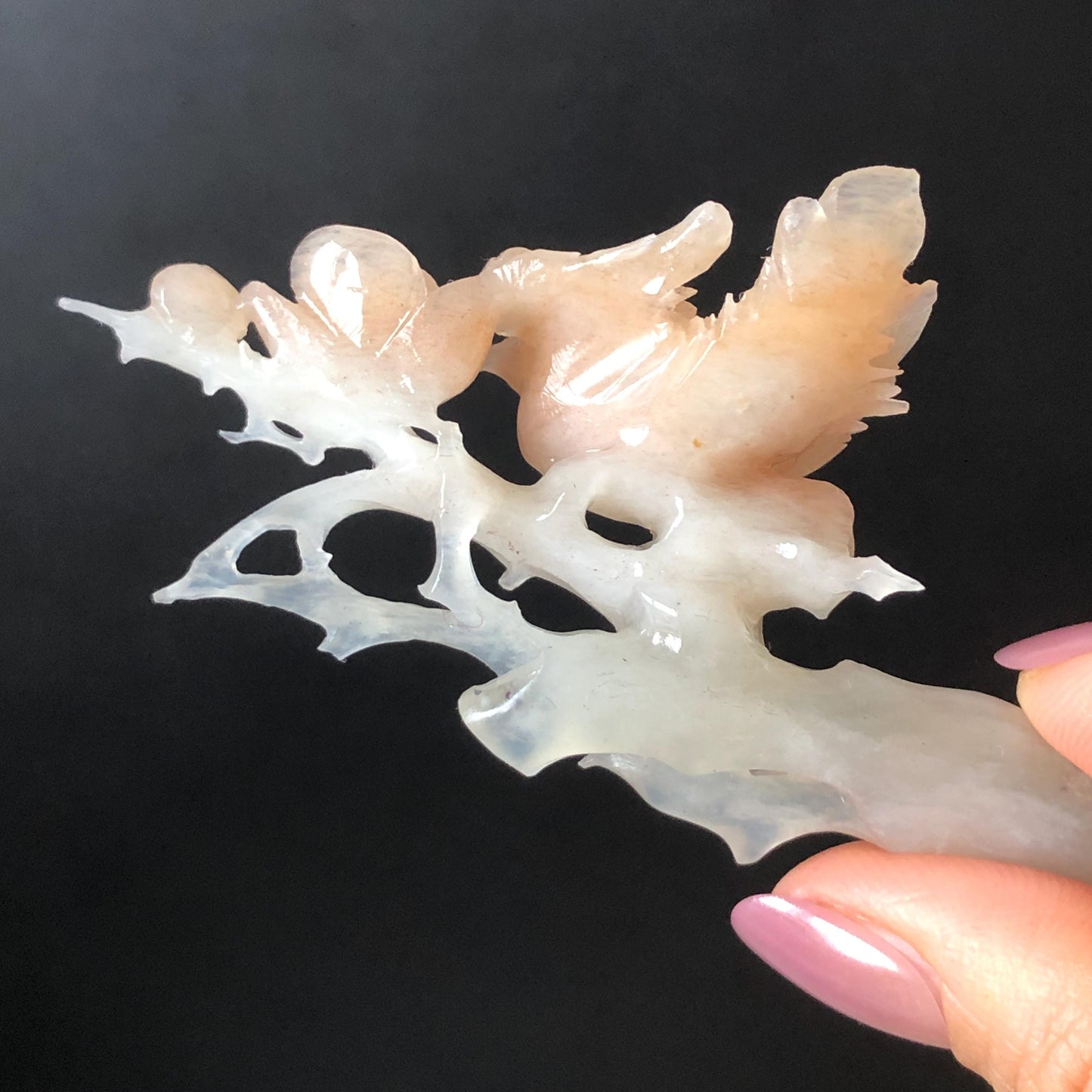 Certified Natural Serpentine Jade Hand Carved Bird with Flowers Hair Pin | White & Coral Pink Jade Hair Stick | Asian Vintage Hair Fork Gift