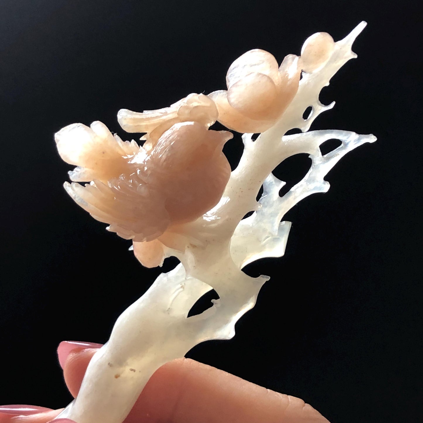 Certified Natural Serpentine Jade Hand Carved Bird with Flowers Hair Pin | White & Coral Pink Jade Hair Stick | Asian Vintage Hair Fork Gift