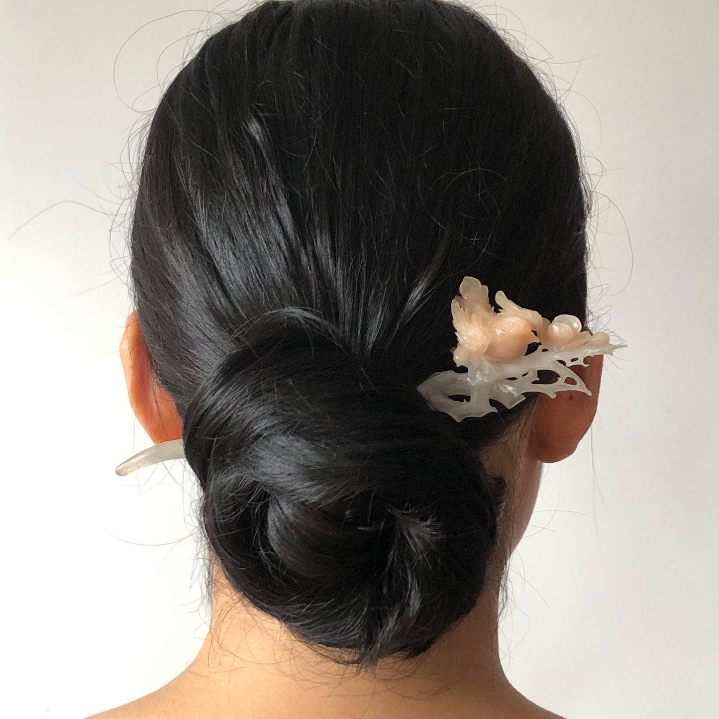 Certified Natural Serpentine Jade Hand Carved Bird with Flowers Hair Pin | White & Coral Pink Jade Hair Stick | Asian Vintage Hair Fork Gift