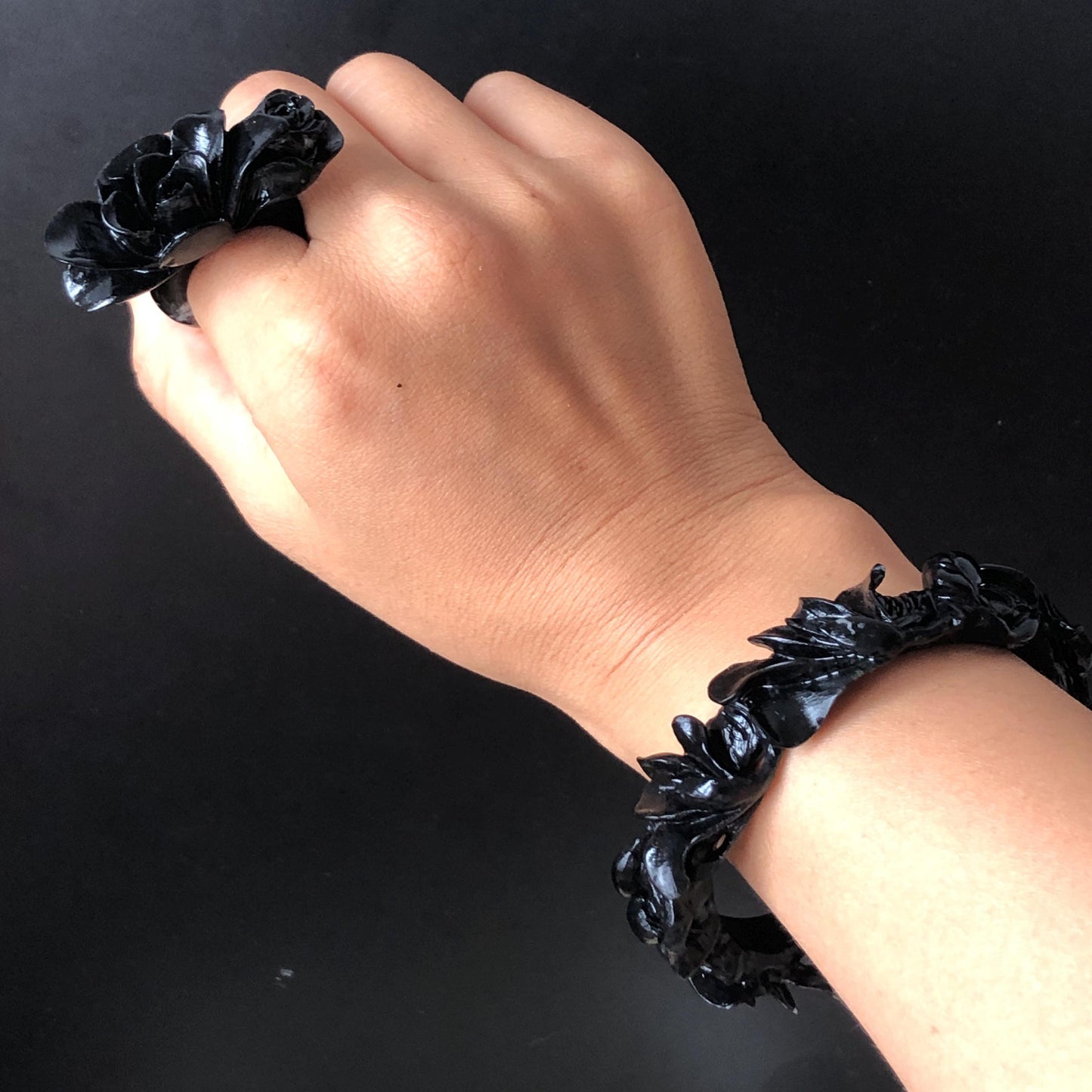 50mm-64mm! Custom Size Natural Xiu Jade Serpentine Hand Carved Black Yulan flowers Bangle & Ring Set | Black Jade Bracelet Personalized Gift for her black jade bangle jade carving hand engraved jade bracelet yulan carving flower carving customized bangle tailor made ring custom-size bangle personalized bande large size bangle small size bangle hand engraved ring certificate jade certified jade big size ring small size ring gothic ring gothic bracelet