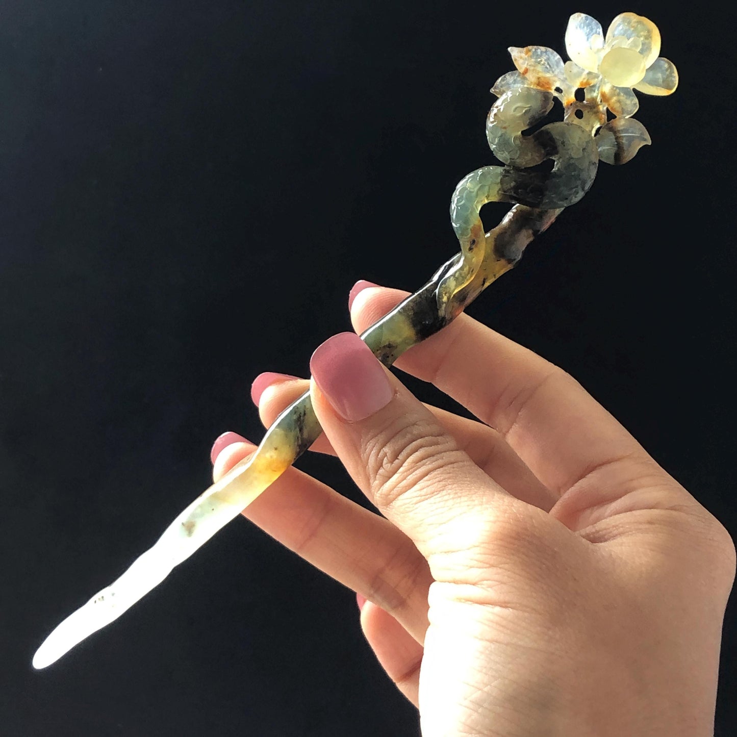 Certified Natural Xiu Jade Serpentine Hand Carved Snake Flower Hair Pin | Green & Ice White Jade Hair Stick | Asian Vintage Hair Fork Gift for her white jade carving green jade blue jade brown jade untreated jade with certificate hand engraved snake hairpins snake carving hand carved flower hair stick flower carving japanese hair stick korean hair comb hanfu hair pin antique hair fork