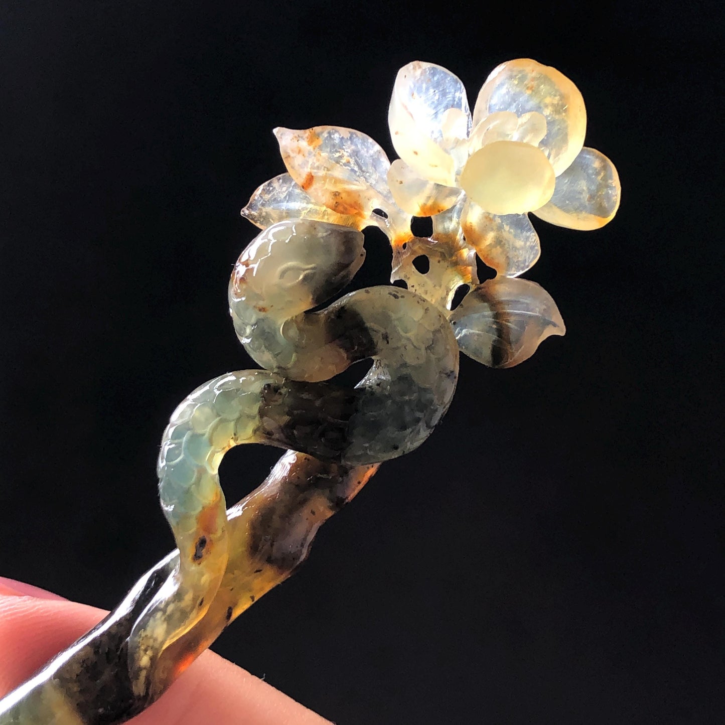 Certified Natural Xiu Jade Serpentine Hand Carved Snake Flower Hair Pin | Green & Ice White Jade Hair Stick | Asian Vintage Hair Fork Gift for her white jade carving green jade blue jade brown jade untreated jade with certificate hand engraved snake hairpins snake carving hand carved flower hair stick flower carving japanese hair stick korean hair comb hanfu hair pin antique hair fork