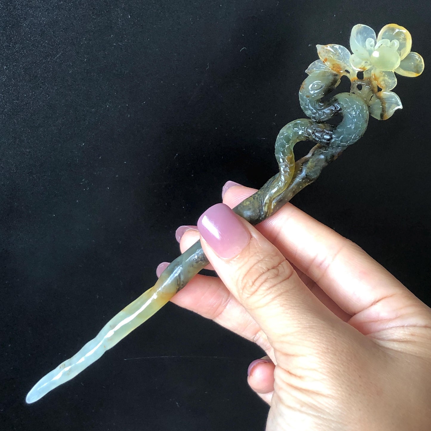 Certified Natural Xiu Jade Serpentine Hand Carved Snake Flower Hair Pin | Green & Ice White Jade Hair Stick | Asian Vintage Hair Fork Gift for her white jade carving green jade blue jade brown jade untreated jade with certificate hand engraved snake hairpins snake carving hand carved flower hair stick flower carving japanese hair stick korean hair comb hanfu hair pin antique hair fork
