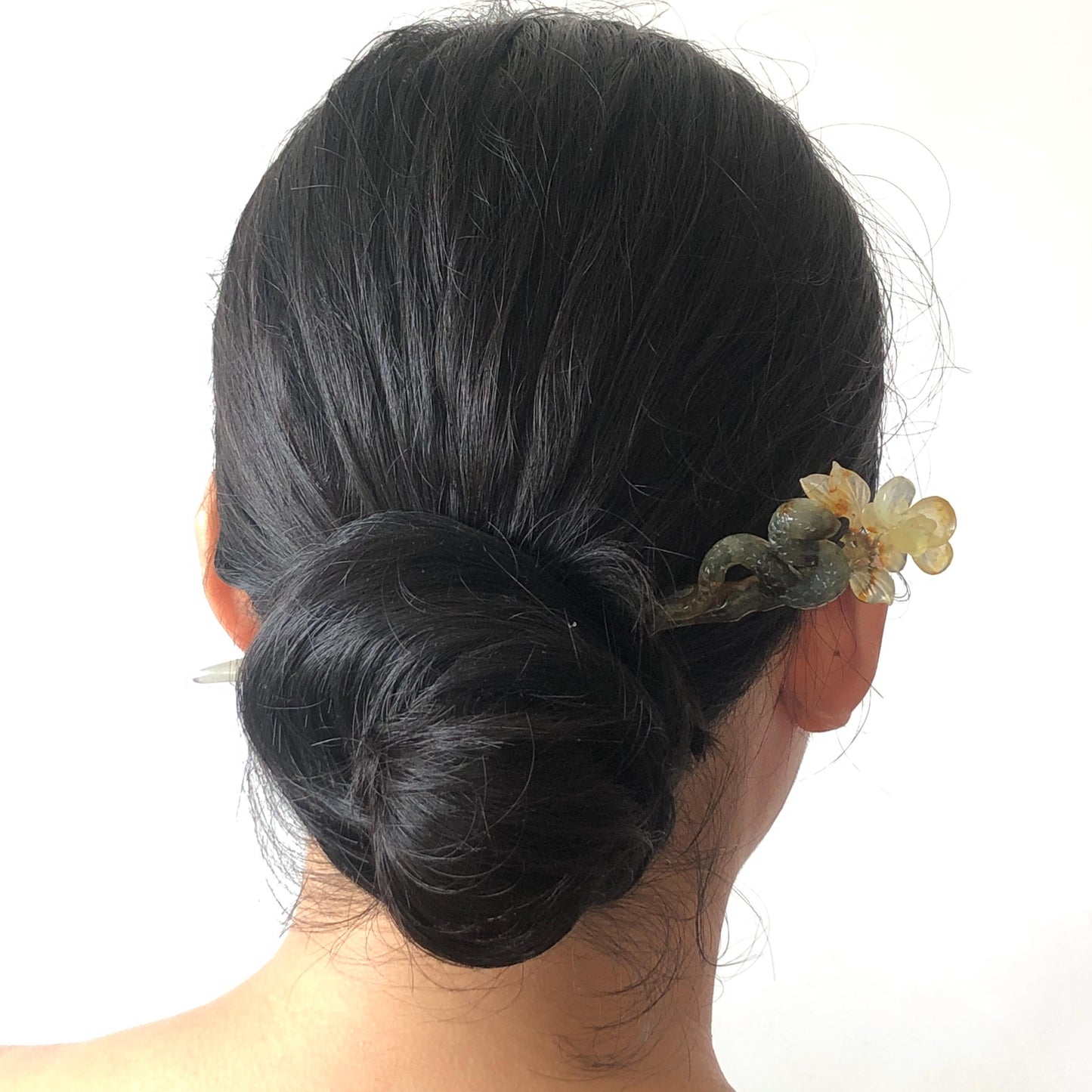 Certified Natural Xiu Jade Serpentine Hand Carved Snake Flower Hair Pin | Green & Ice White Jade Hair Stick | Asian Vintage Hair Fork Gift for her white jade carving green jade blue jade brown jade untreated jade with certificate hand engraved snake hairpins snake carving hand carved flower hair stick flower carving japanese hair stick korean hair comb hanfu hair pin antique hair fork