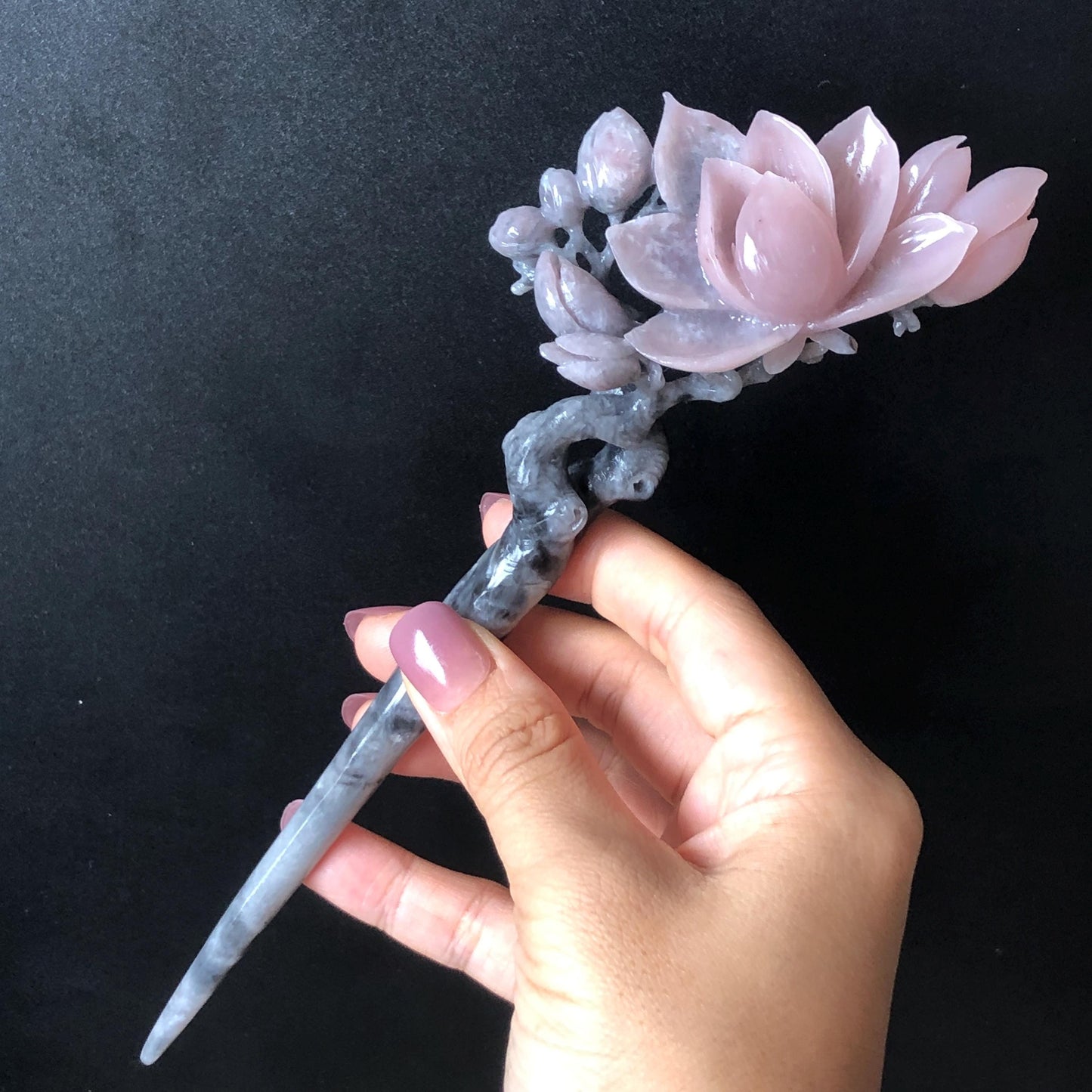 Natural Xiu Jade Serpentine Hand Carved Yulan Flower Hair Pin | Black & Pink Jade Hair Stick | Asian Vintage Antique Hair Fork Gift for her