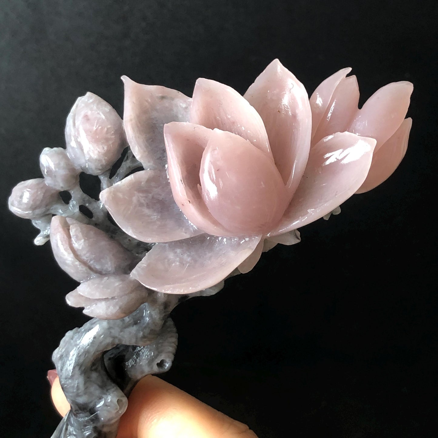 Natural Xiu Jade Serpentine Hand Carved Yulan Flower Hair Pin | Black & Pink Jade Hair Stick | Asian Vintage Antique Hair Fork Gift for her