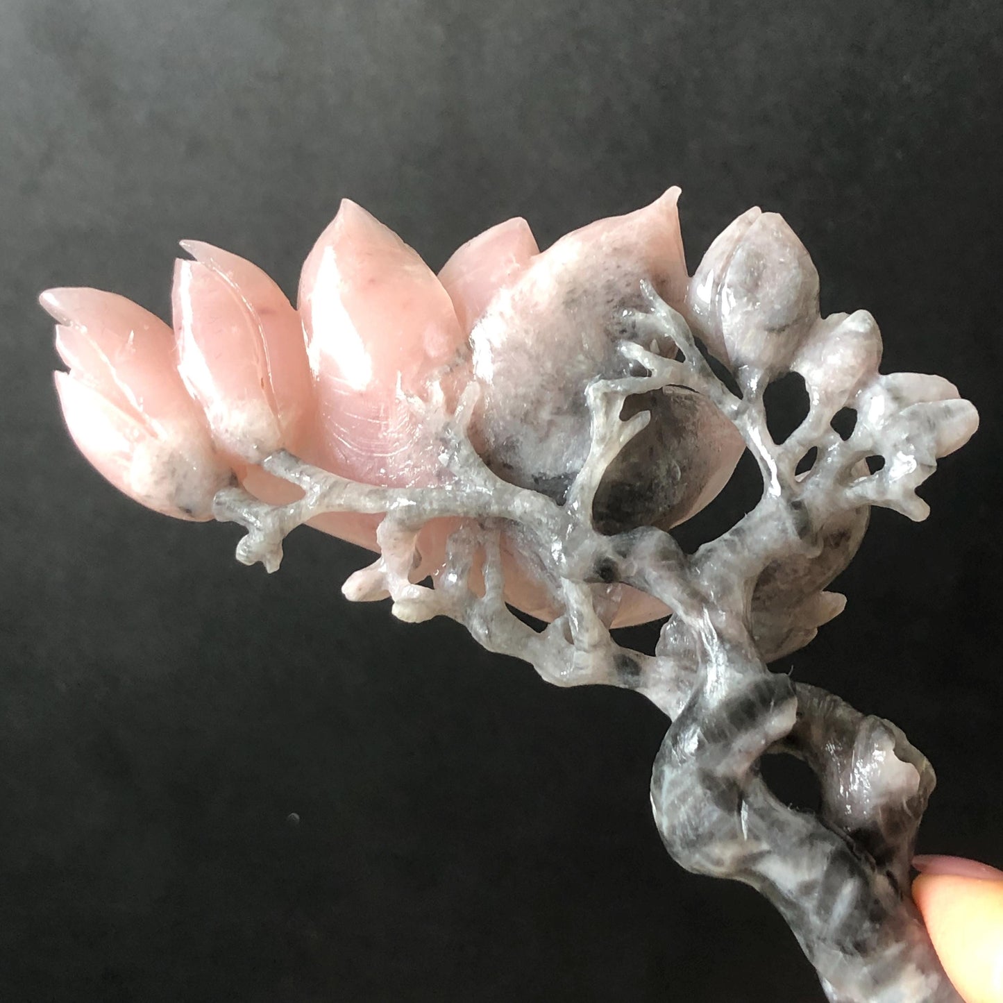Natural Xiu Jade Serpentine Hand Carved Yulan Flower Hair Pin | Black & Pink Jade Hair Stick | Asian Vintage Antique Hair Fork Gift for her