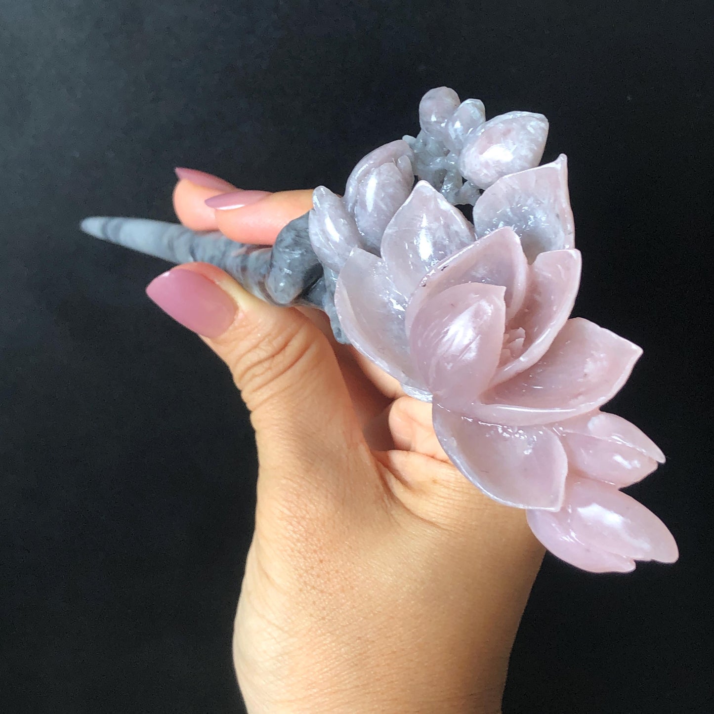 Natural Xiu Jade Serpentine Hand Carved Yulan Flower Hair Pin | Black & Pink Jade Hair Stick | Asian Vintage Antique Hair Fork Gift for her