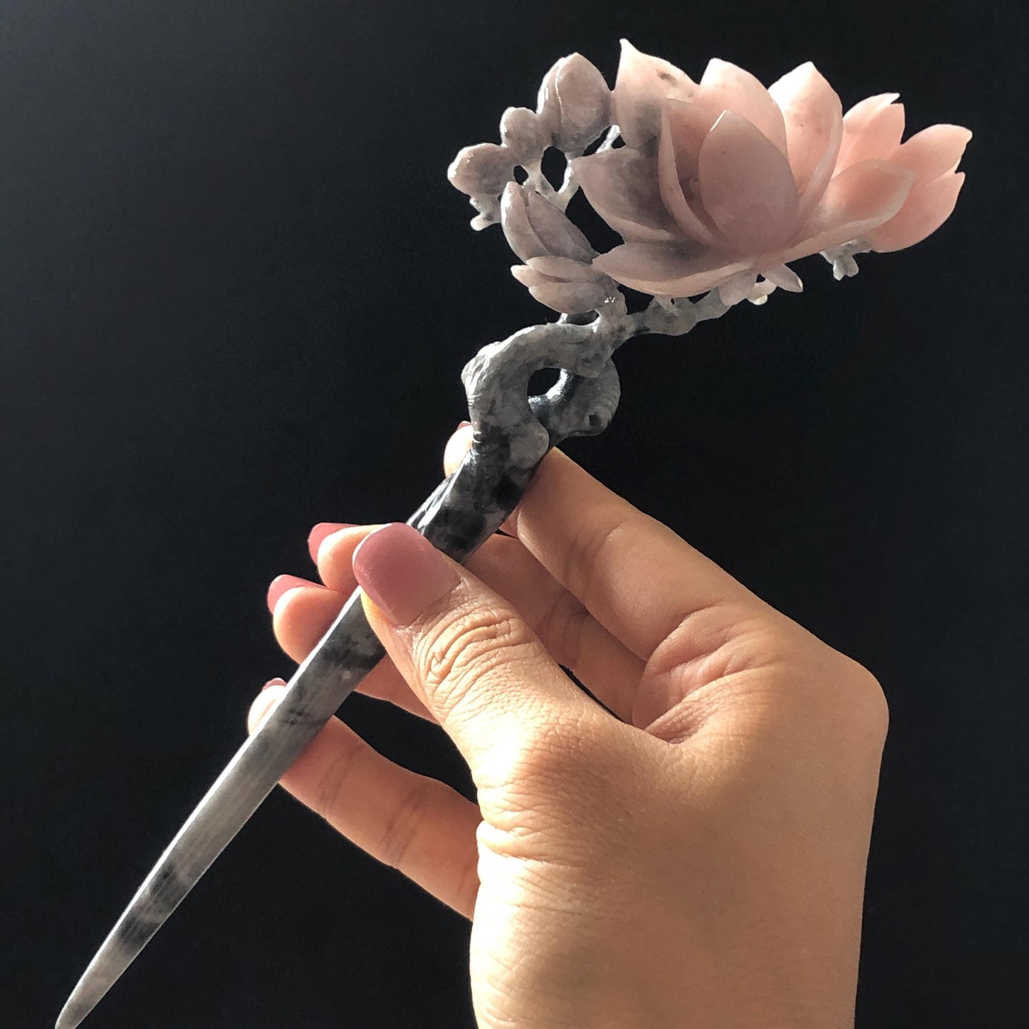 Natural Xiu Jade Serpentine Hand Carved Yulan Flower Hair Pin | Black & Pink Jade Hair Stick | Asian Vintage Antique Hair Fork Gift for her