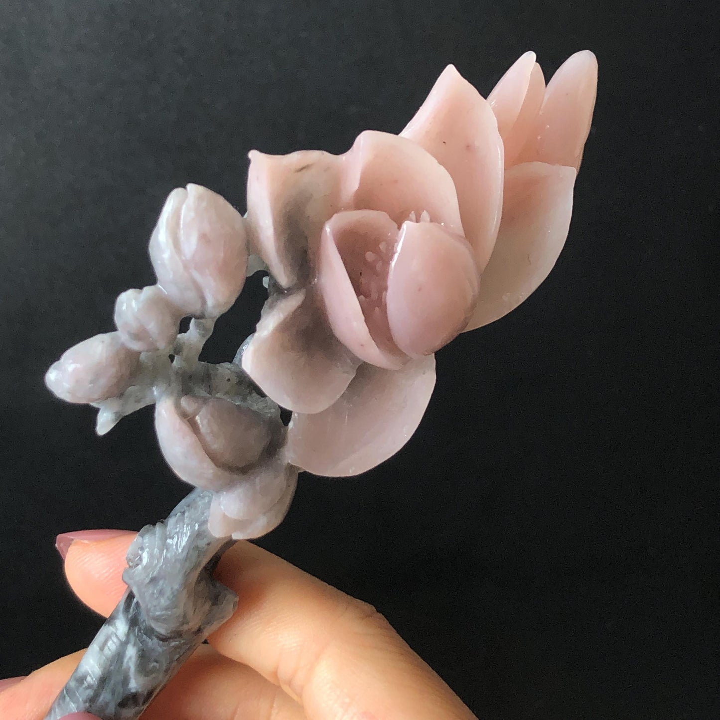 Natural Xiu Jade Serpentine Hand Carved Yulan Flower Hair Pin | Black & Pink Jade Hair Stick | Asian Vintage Antique Hair Fork Gift for her