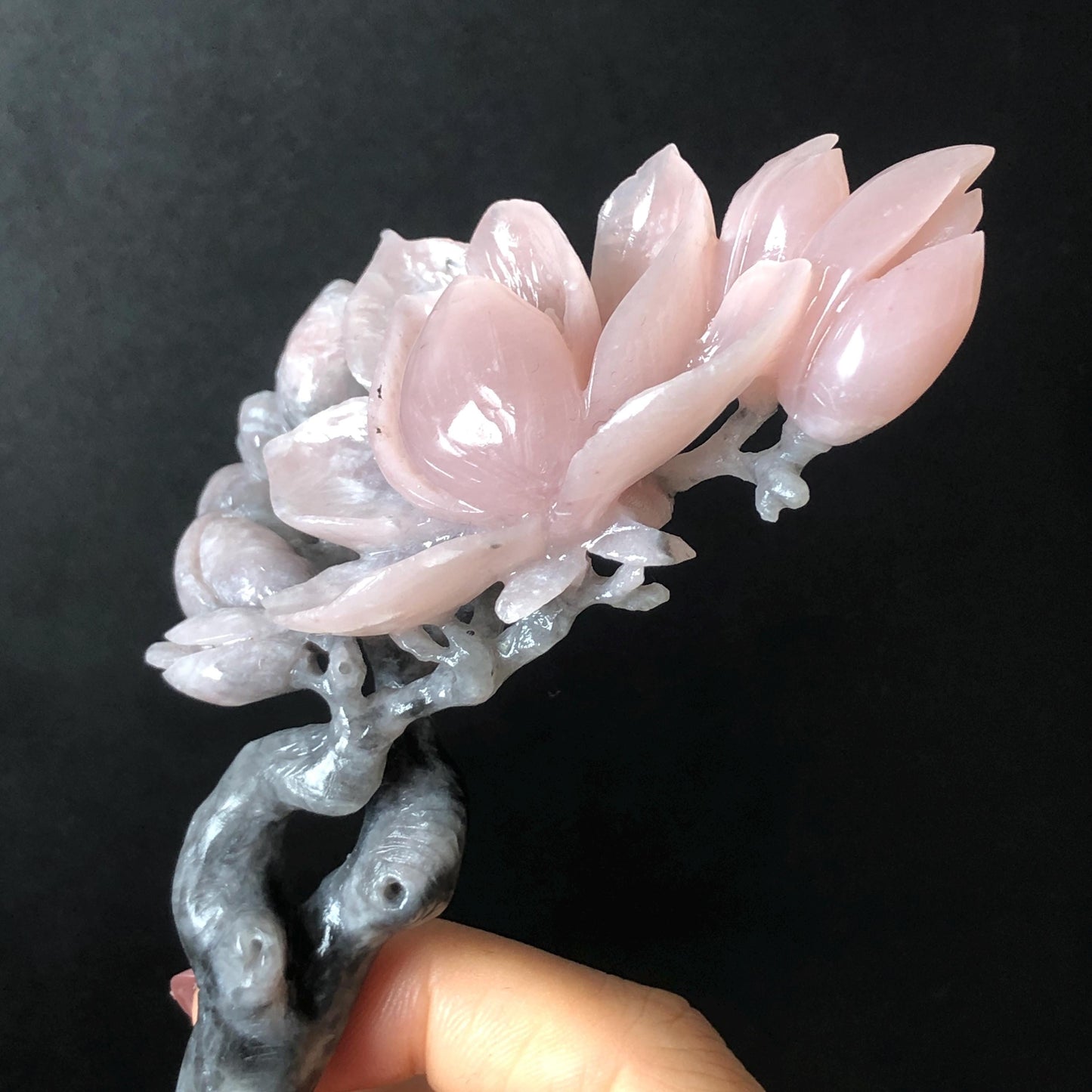 Natural Xiu Jade Serpentine Hand Carved Yulan Flower Hair Pin | Black & Pink Jade Hair Stick | Asian Vintage Antique Hair Fork Gift for her