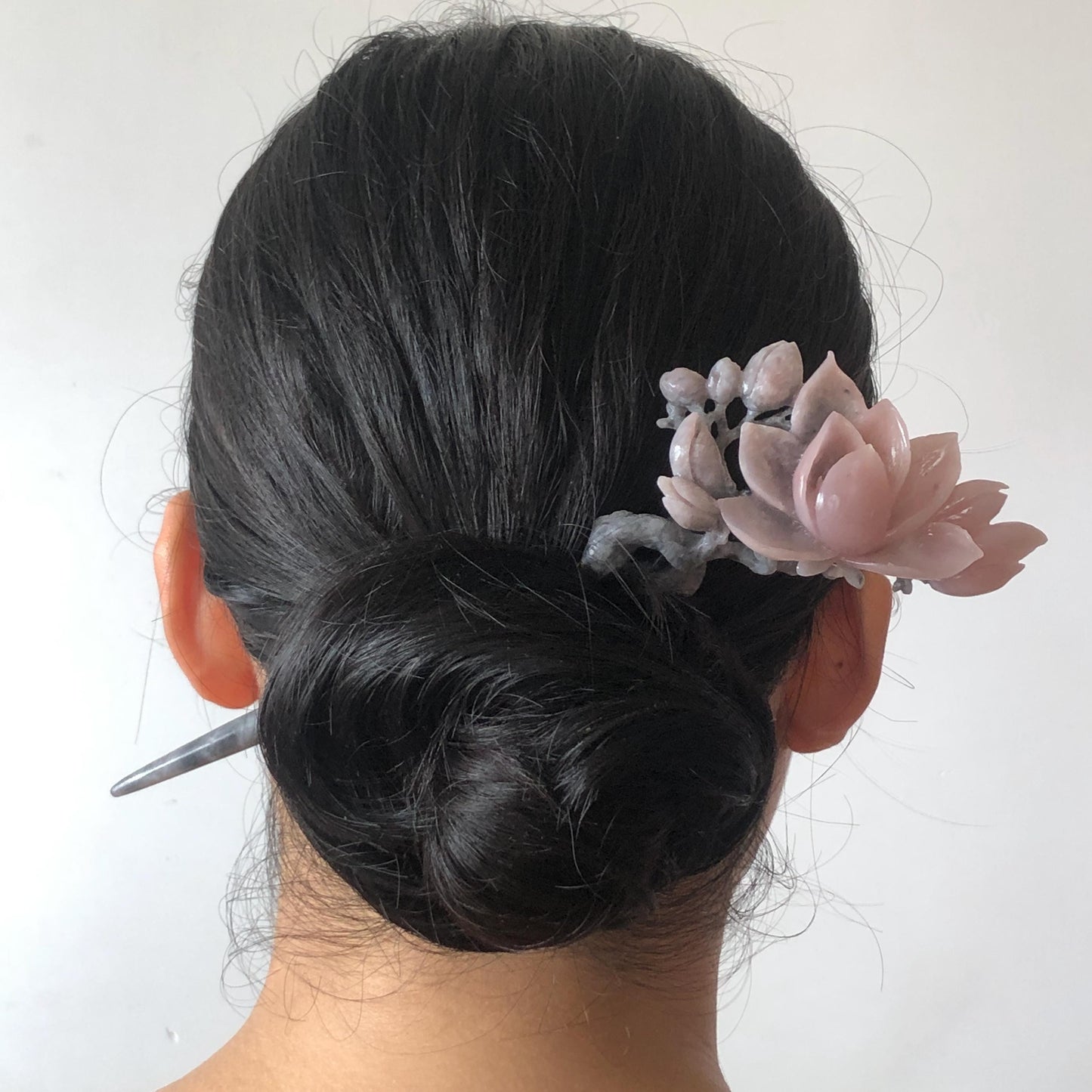 Natural Xiu Jade Serpentine Hand Carved Yulan Flower Hair Pin | Black & Pink Jade Hair Stick | Asian Vintage Antique Hair Fork Gift for her