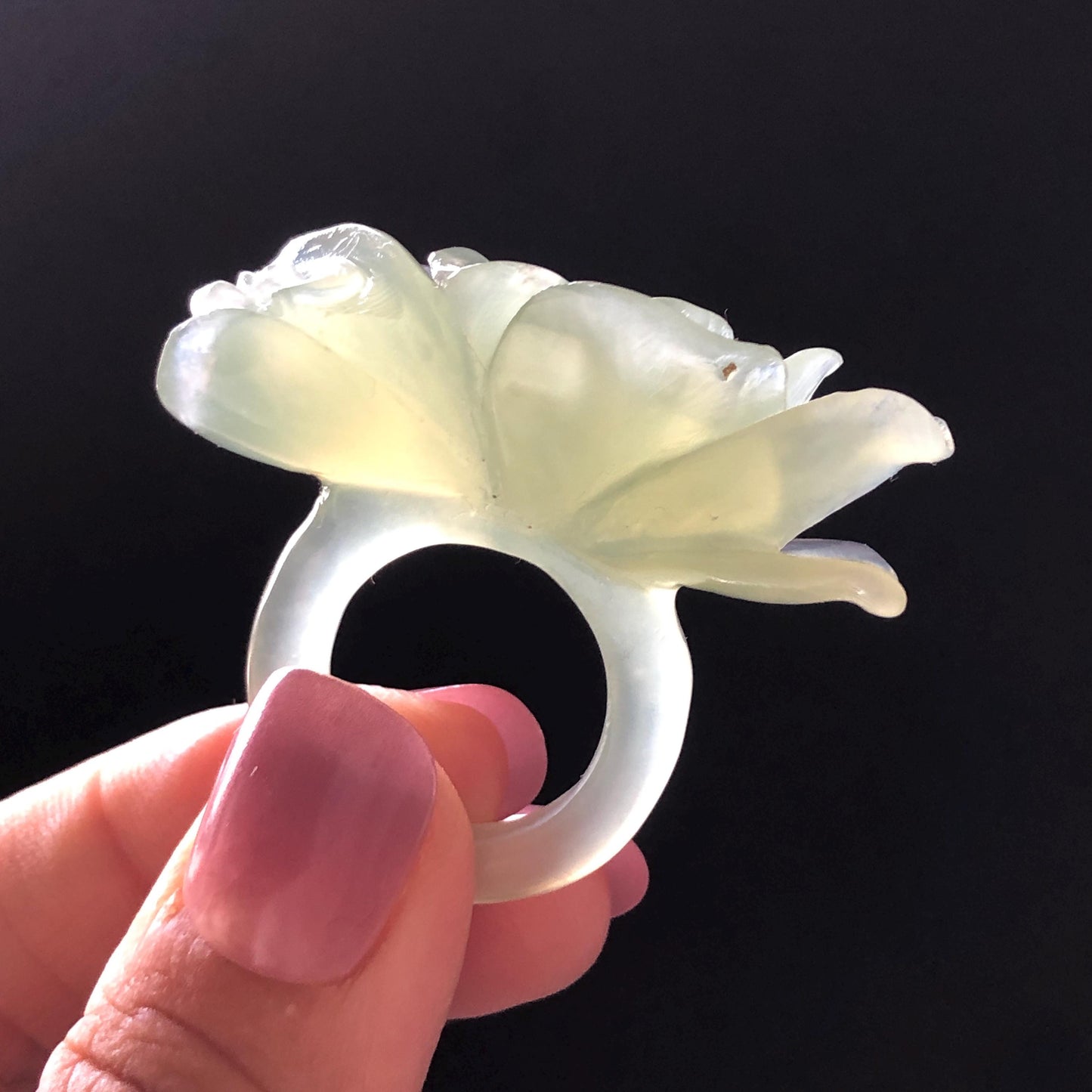 Custom Size Natural Xiu Jade Serpentine Hand Carved Green Yulan flowers Ring | Icy Green Jade | Customised Tailor-made Gemstone Gift for her hand engraved jade ring tailor made jade ring customised jade ring green jade carving flower carving flower statement ring translucent icy jade yulan carving hand carved stone ring carved gemstone ring personalized ring huge ring big cocktail ring large crystal ring