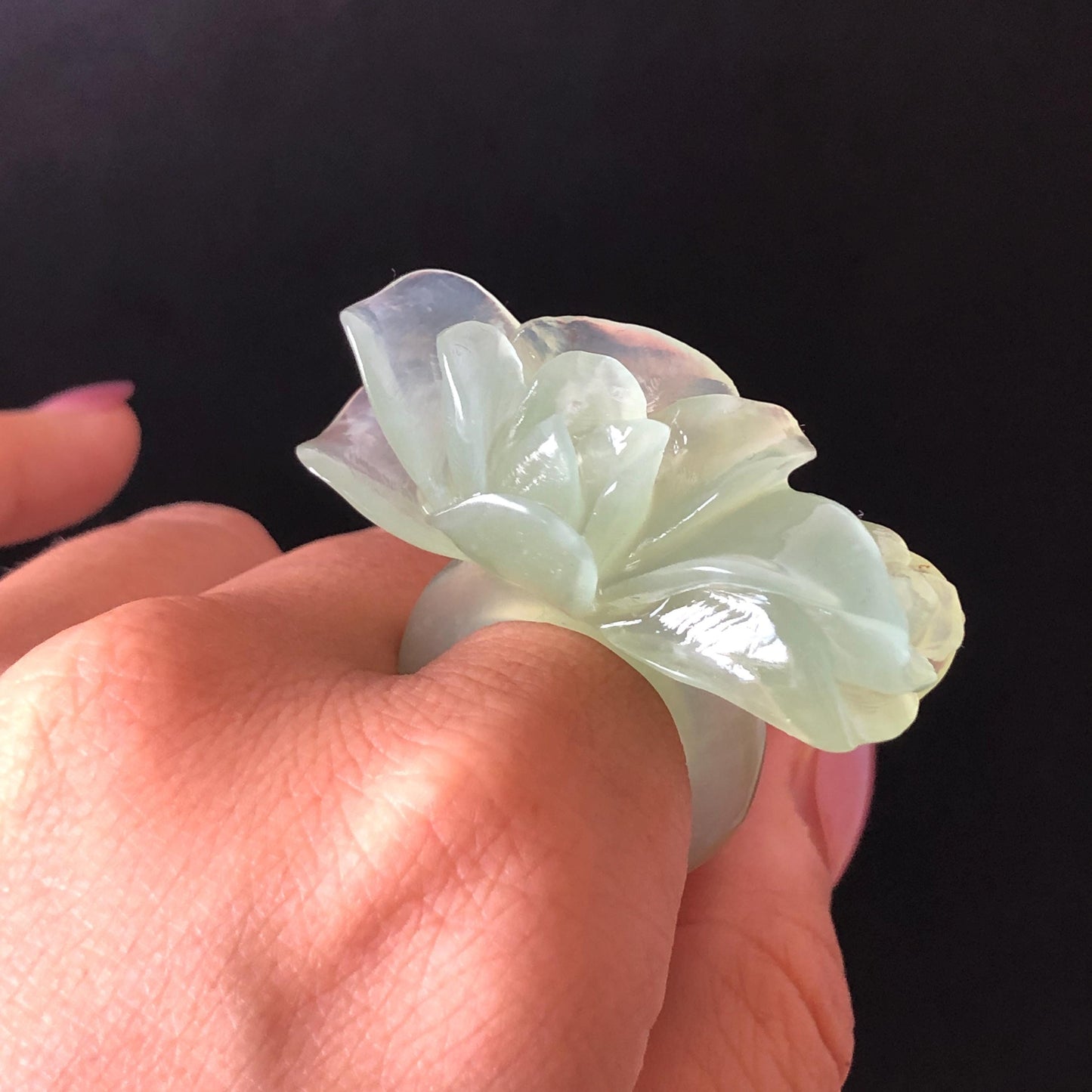 Custom Size Natural Xiu Jade Serpentine Hand Carved Green Yulan flowers Ring | Icy Green Jade | Customised Tailor-made Gemstone Gift for her hand engraved jade ring tailor made jade ring customised jade ring green jade carving flower carving flower statement ring translucent icy jade yulan carving hand carved stone ring carved gemstone ring personalized ring huge ring big cocktail ring large crystal ring