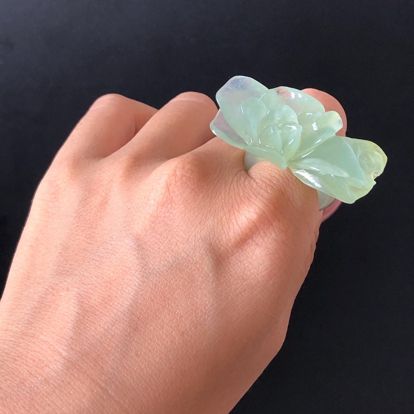 Custom Size Natural Xiu Jade Serpentine Hand Carved Green Yulan flowers Ring | Icy Green Jade | Customised Tailor-made Gemstone Gift for her hand engraved jade ring tailor made jade ring customised jade ring green jade carving flower carving flower statement ring translucent icy jade yulan carving hand carved stone ring carved gemstone ring personalized ring huge ring big cocktail ring large crystal ring