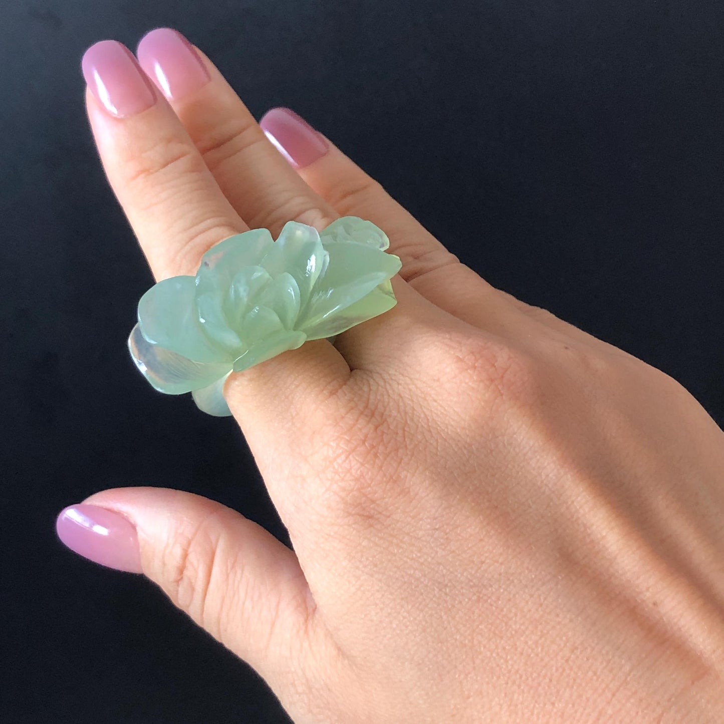 Custom Size Natural Xiu Jade Serpentine Hand Carved Green Yulan flowers Ring | Icy Green Jade | Customised Tailor-made Gemstone Gift for her hand engraved jade ring tailor made jade ring customised jade ring green jade carving flower carving flower statement ring translucent icy jade yulan carving hand carved stone ring carved gemstone ring personalized ring huge ring big cocktail ring large crystal ring
