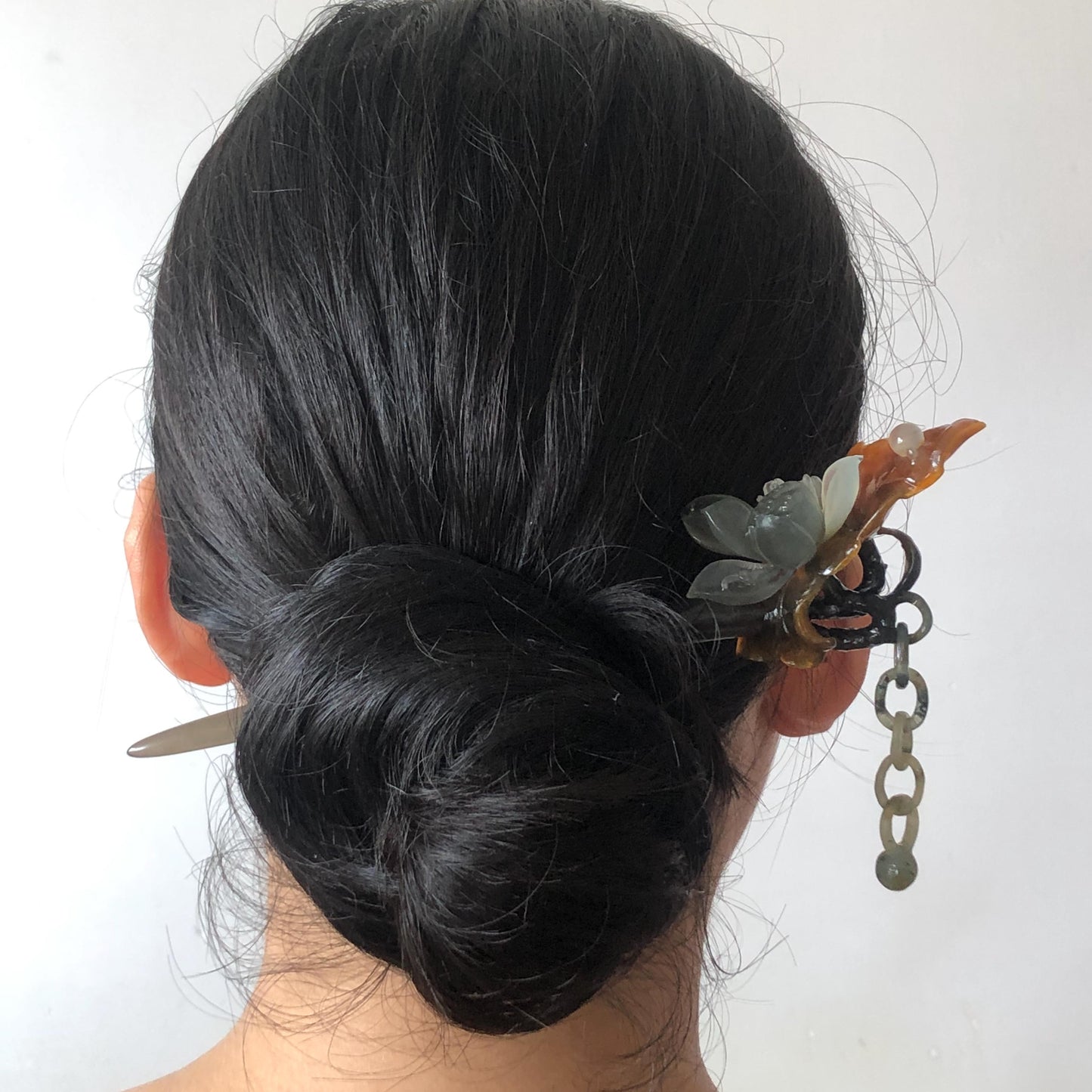 Certified Natural Xiu Jade Serpentine Hand Carved 4 Coloured Lotus Flower Hair Pin with Dangle | Ice Grey Brown Black Green Jade Hair Stick Gift for her gray jade carving brown jade black jade green jade hand engraved lotus hair stick natural untreated jade with certificate japanese hair pins korean hair stick hanfu har fork vintage hair comb bridal hair clip wedding headpiece antique hair pins