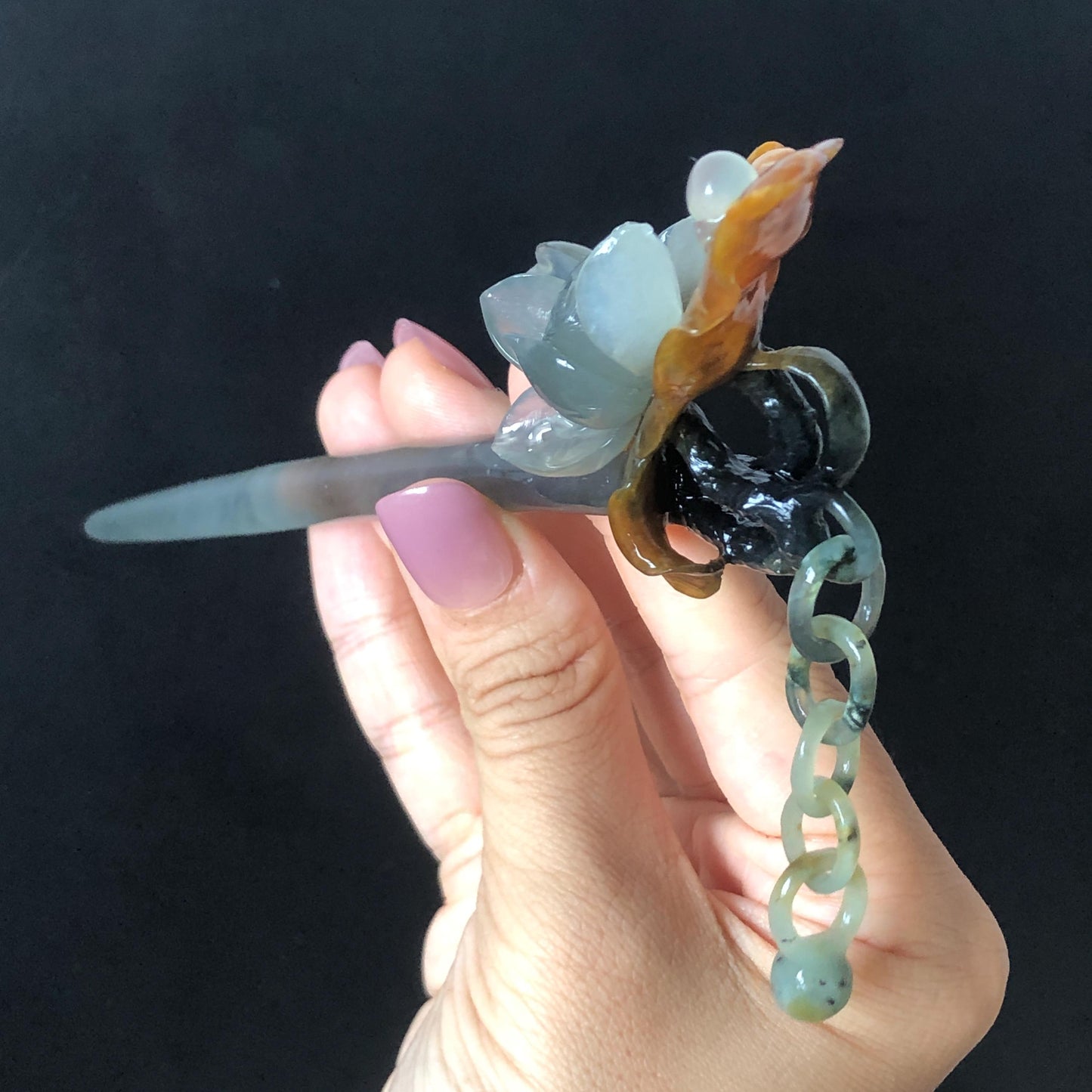 Certified Natural Xiu Jade Serpentine Hand Carved 4 Coloured Lotus Flower Hair Pin with Dangle | Ice Grey Brown Black Green Jade Hair Stick