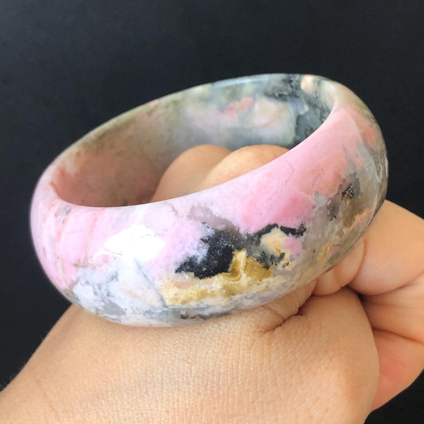 54.8mm Natural Rhodonite Stone Bangle | Soaring Black Phoenix | Pink Green Yellow | Scenery Bracelet | Healing Stone Heart Chakra Crystal Gift for her rhodonite bangle pink rhodonite bracelet pink crystal bracelet pink stone bangle pink gemstone bracelet green crystal golden crystal wide bangle healing crystal love stone meditative crystal heart chakra crystal vintage bangle gemstone bangle phoenix bangle phoenix bracelet