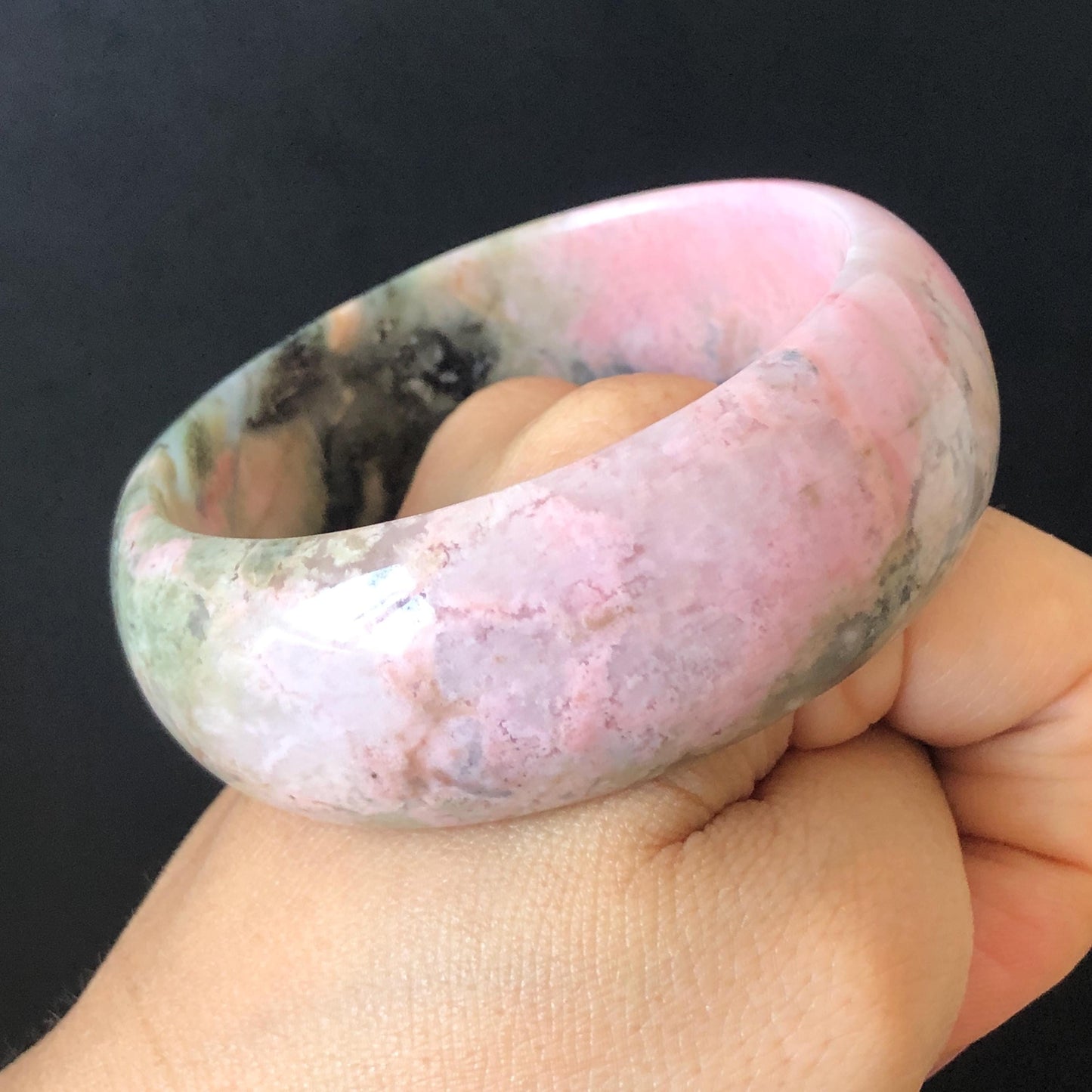 54.8mm Natural Rhodonite Stone Bangle | Soaring Black Phoenix | Pink Green Yellow | Scenery Bracelet | Healing Stone Heart Chakra Crystal Gift for her rhodonite bangle pink rhodonite bracelet pink crystal bracelet pink stone bangle pink gemstone bracelet green crystal golden crystal wide bangle healing crystal love stone meditative crystal heart chakra crystal vintage bangle gemstone bangle phoenix bangle phoenix bracelet