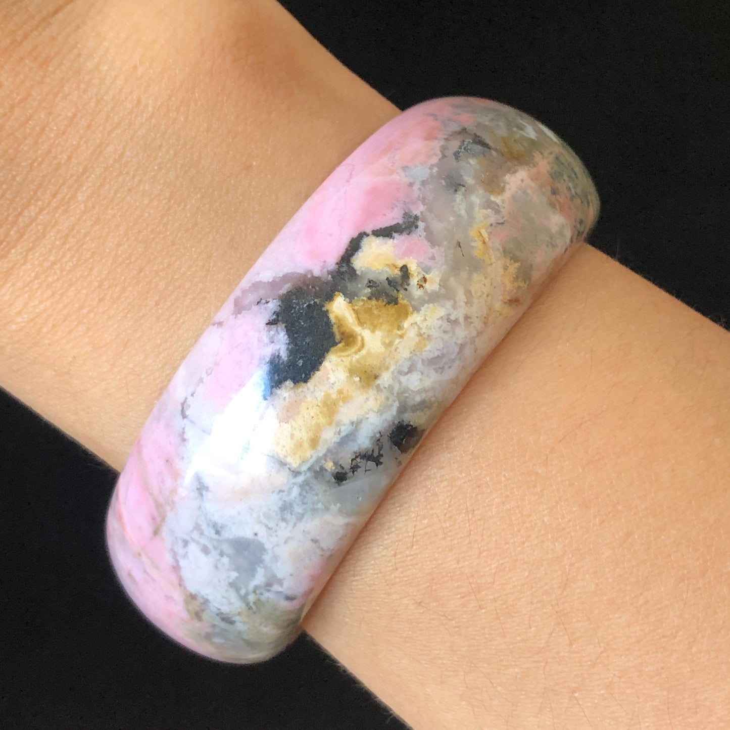 54.8mm Natural Rhodonite Stone Bangle | Soaring Black Phoenix | Pink Green Yellow | Scenery Bracelet | Healing Stone Heart Chakra Crystal Gift for her rhodonite bangle pink rhodonite bracelet pink crystal bracelet pink stone bangle pink gemstone bracelet green crystal golden crystal wide bangle healing crystal love stone meditative crystal heart chakra crystal vintage bangle gemstone bangle phoenix bangle phoenix bracelet