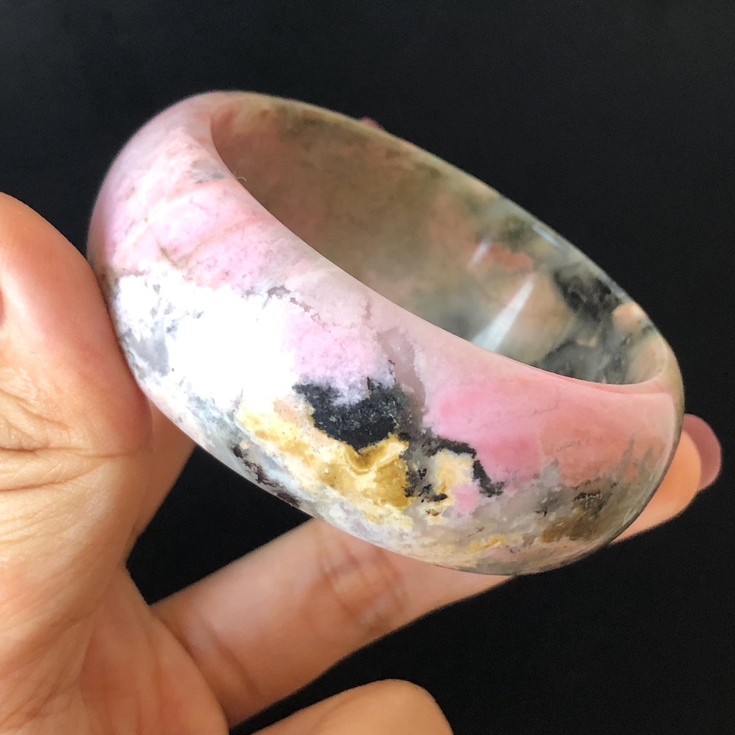 54.8mm Natural Rhodonite Stone Bangle | Soaring Black Phoenix | Pink Green Yellow | Scenery Bracelet | Healing Stone Heart Chakra Crystal Gift for her rhodonite bangle pink rhodonite bracelet pink crystal bracelet pink stone bangle pink gemstone bracelet green crystal golden crystal wide bangle healing crystal love stone meditative crystal heart chakra crystal vintage bangle gemstone bangle phoenix bangle phoenix bracelet