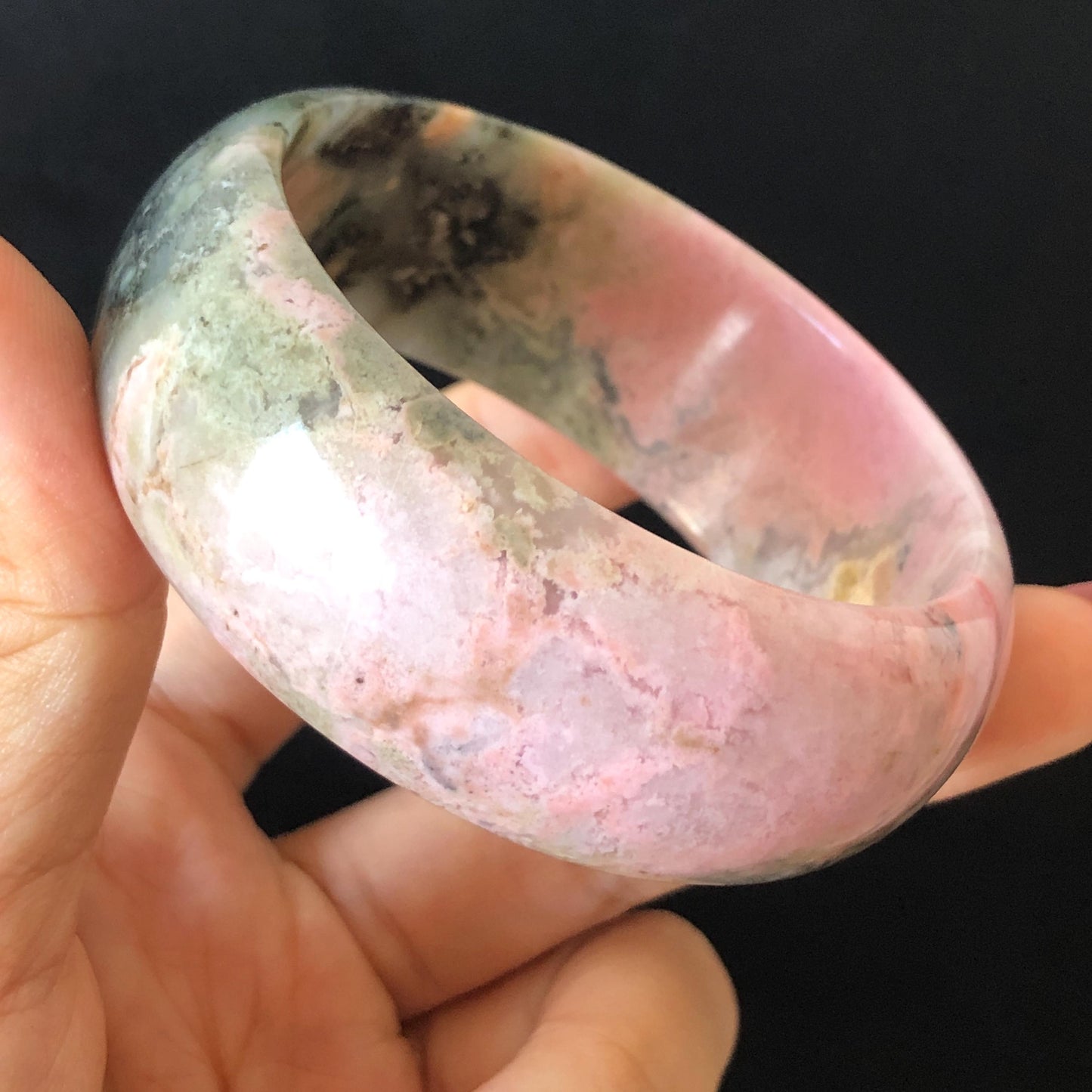 54.8mm Natural Rhodonite Stone Bangle | Soaring Black Phoenix | Pink Green Yellow | Scenery Bracelet | Healing Stone Heart Chakra Crystal Gift for her rhodonite bangle pink rhodonite bracelet pink crystal bracelet pink stone bangle pink gemstone bracelet green crystal golden crystal wide bangle healing crystal love stone meditative crystal heart chakra crystal vintage bangle gemstone bangle phoenix bangle phoenix bracelet
