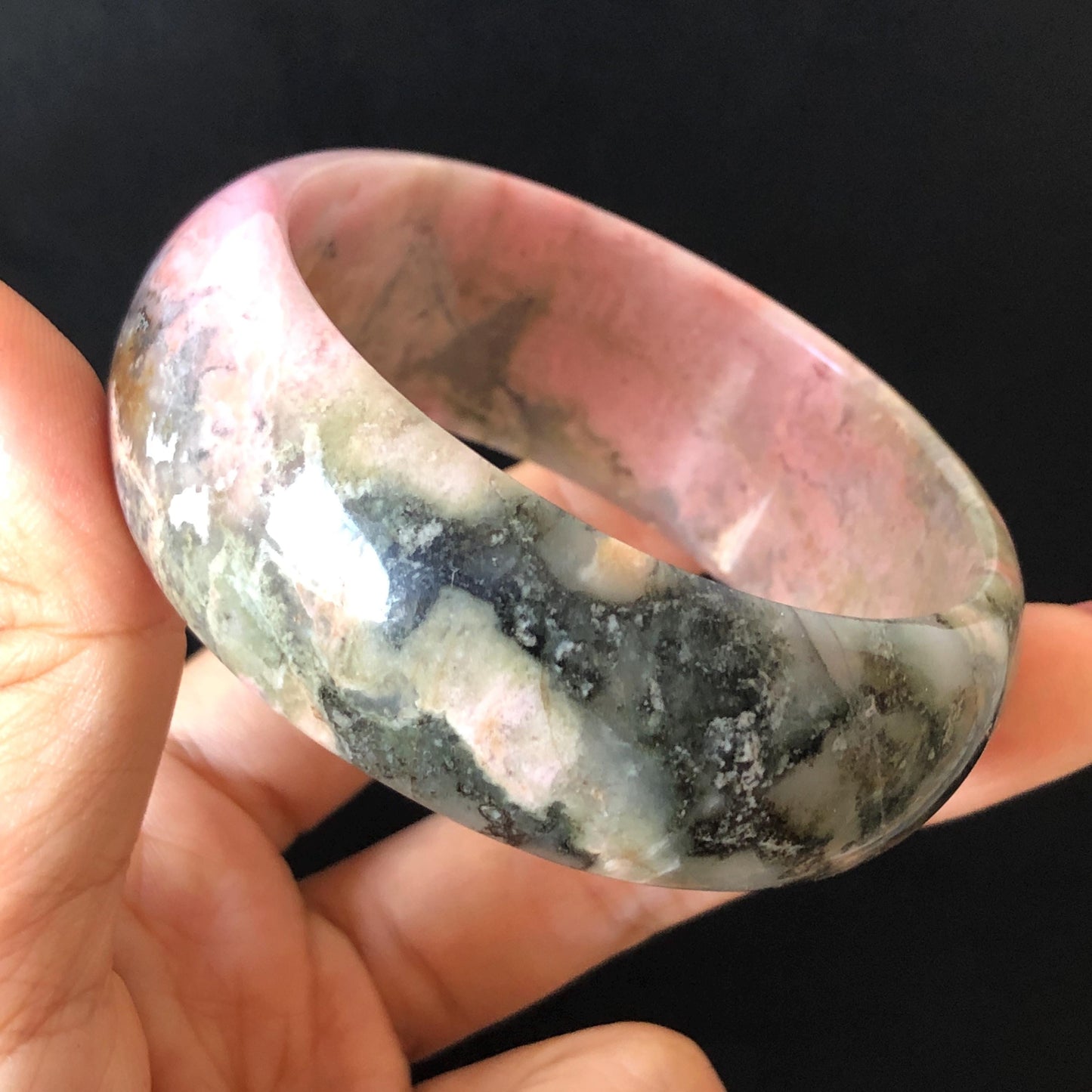 54.8mm Natural Rhodonite Stone Bangle | Soaring Black Phoenix | Pink Green Yellow | Scenery Bracelet | Healing Stone Heart Chakra Crystal Gift for her rhodonite bangle pink rhodonite bracelet pink crystal bracelet pink stone bangle pink gemstone bracelet green crystal golden crystal wide bangle healing crystal love stone meditative crystal heart chakra crystal vintage bangle gemstone bangle phoenix bangle phoenix bracelet