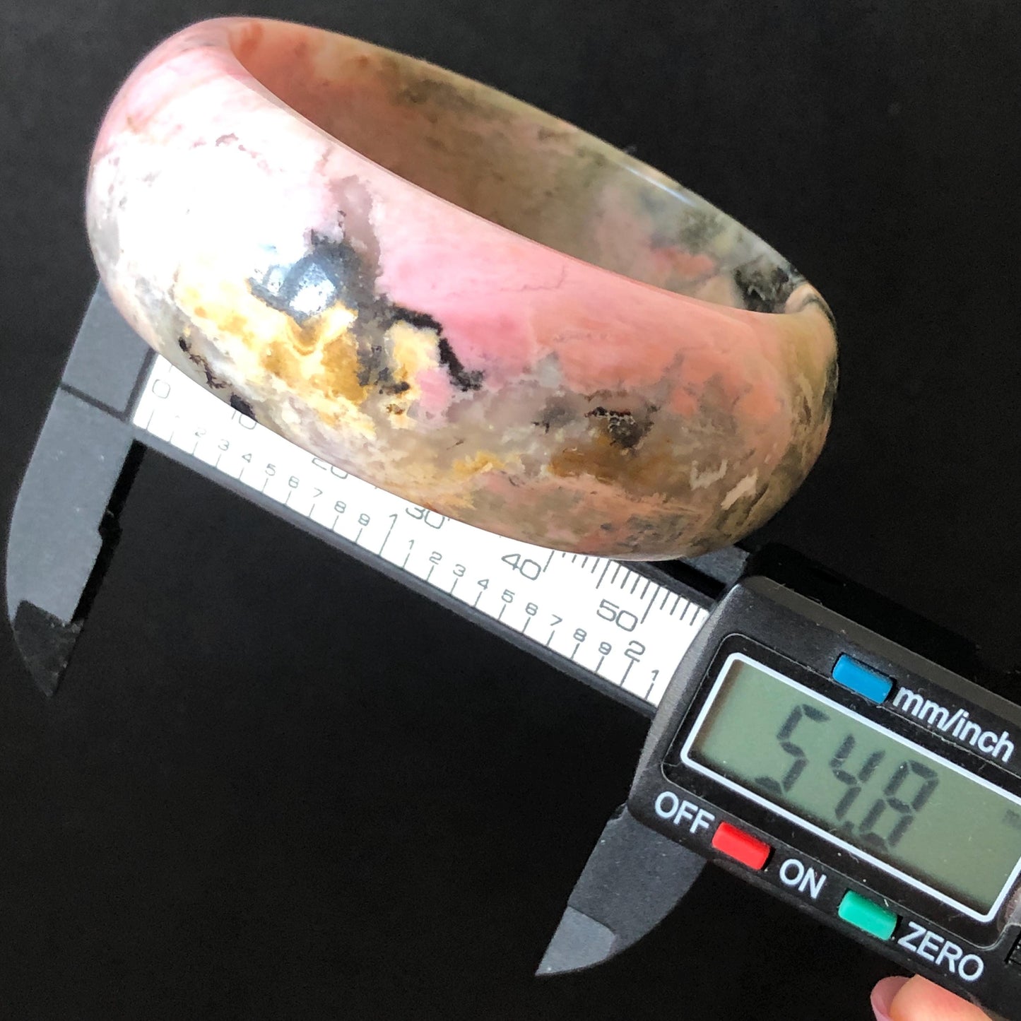 54.8mm Natural Rhodonite Stone Bangle | Soaring Black Phoenix | Pink Green Yellow | Scenery Bracelet | Healing Stone Heart Chakra Crystal Gift for her rhodonite bangle pink rhodonite bracelet pink crystal bracelet pink stone bangle pink gemstone bracelet green crystal golden crystal wide bangle healing crystal love stone meditative crystal heart chakra crystal vintage bangle gemstone bangle phoenix bangle phoenix bracelet