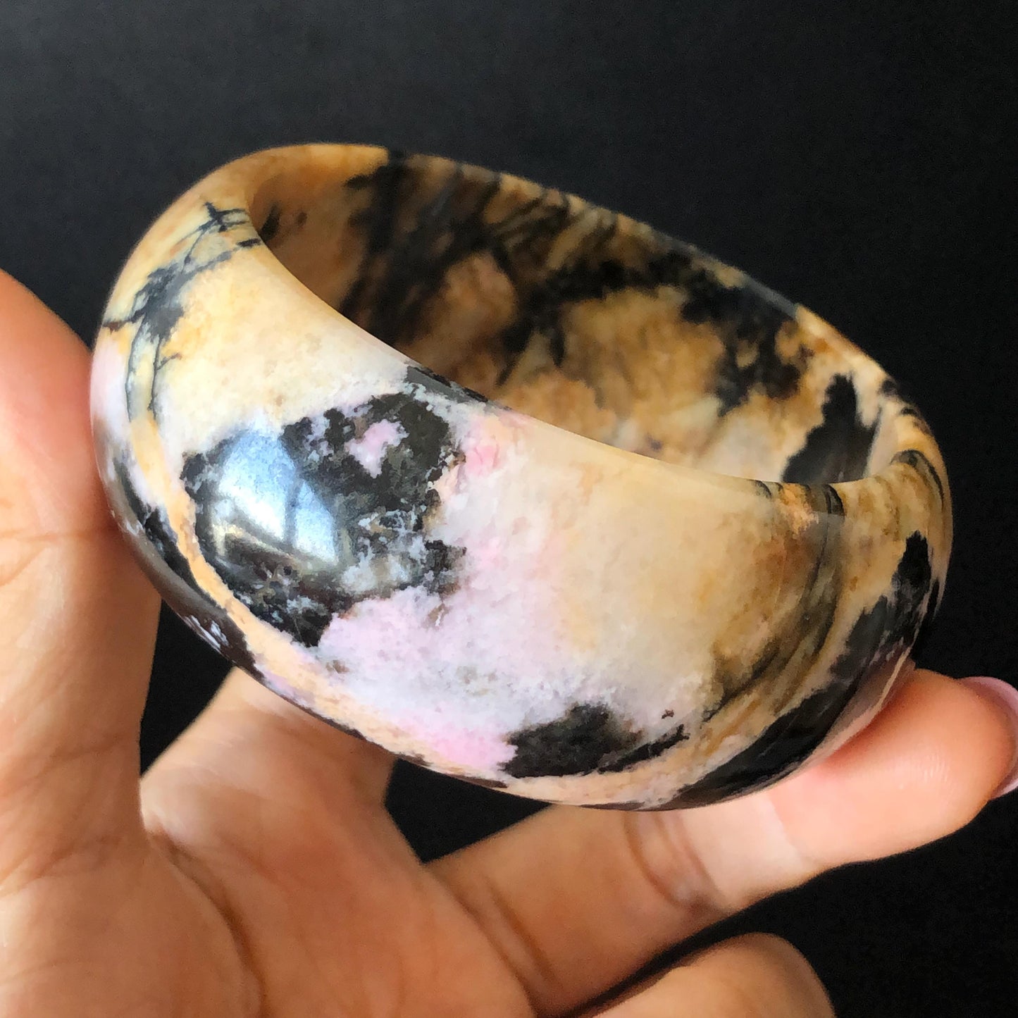 57.4mm Natural Rhodonite Stone Bangle | Black Ink Painting | Golden Yellow & Baby Pink Scenery Bracelet | Heart Chakra Crystal Healing Stone gift for her wide bangle vintage bracelet rhodonite bangle rhodonite stone bracelet yellow crystal bracelet pink crystal bangle black bangle black stone bracelet love stone birthstone bracelet ink painting meditative stone untreated natural stone gemstone bracelet