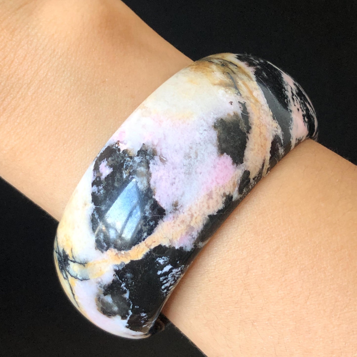 57.4mm Natural Rhodonite Stone Bangle | Black Ink Painting | Golden Yellow & Baby Pink Scenery Bracelet | Heart Chakra Crystal Healing Stone gift for her wide bangle vintage bracelet rhodonite bangle rhodonite stone bracelet yellow crystal bracelet pink crystal bangle black bangle black stone bracelet love stone birthstone bracelet ink painting meditative stone untreated natural stone gemstone bracelet