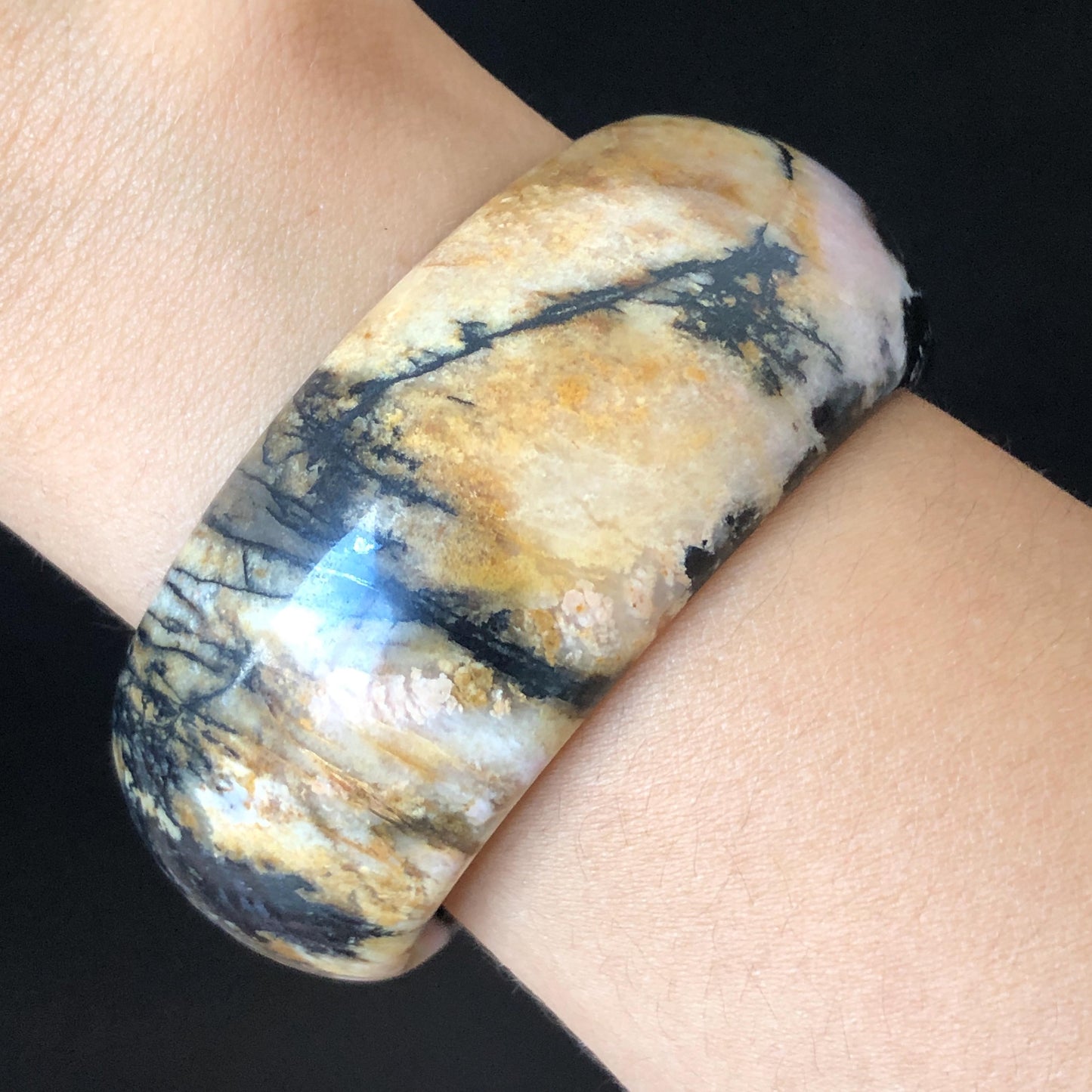 57.4mm Natural Rhodonite Stone Bangle | Black Ink Painting | Golden Yellow & Baby Pink Scenery Bracelet | Heart Chakra Crystal Healing Stone gift for her wide bangle vintage bracelet rhodonite bangle rhodonite stone bracelet yellow crystal bracelet pink crystal bangle black bangle black stone bracelet love stone birthstone bracelet ink painting meditative stone untreated natural stone gemstone bracelet