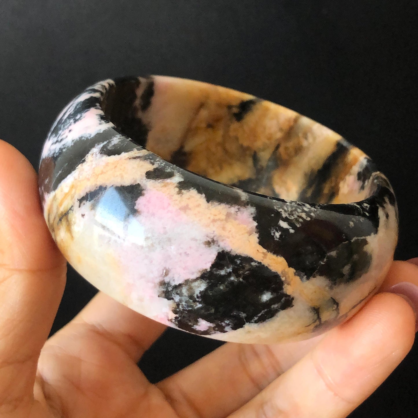 57.4mm Natural Rhodonite Stone Bangle | Black Ink Painting | Golden Yellow & Baby Pink Scenery Bracelet | Heart Chakra Crystal Healing Stone
